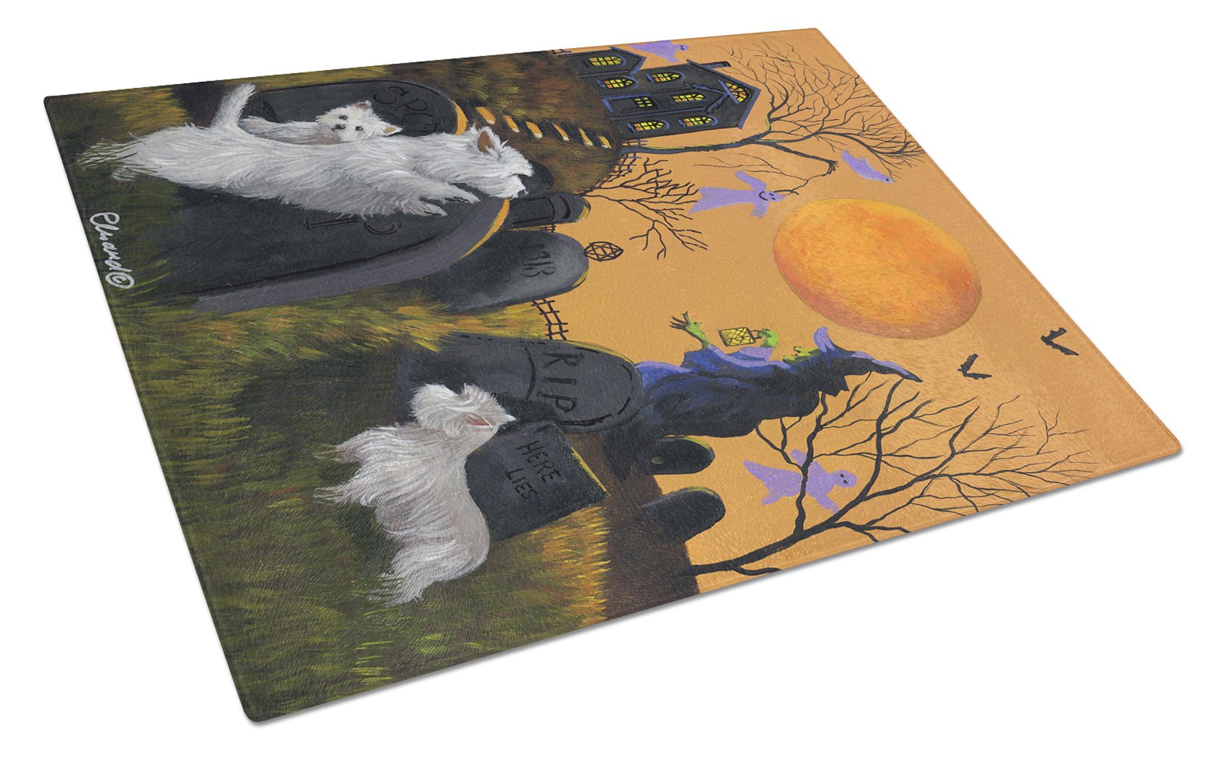 Westie Wicked Witch Cutting Board Tempered Glass Kitchen Cutting Surface, Heat Resistant Chopping, Non-Slip Feet, Food Prep & Serving