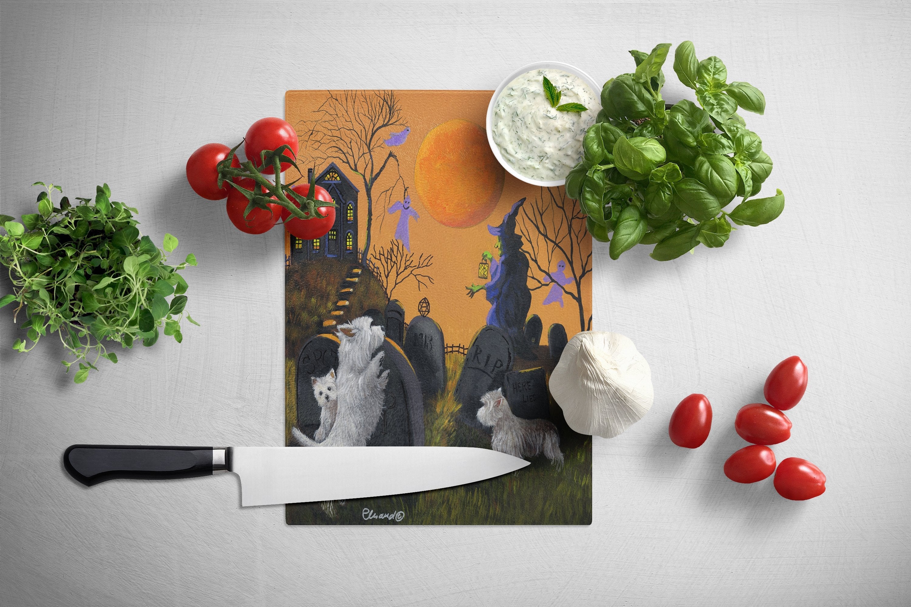 Westie Wicked Witch Cutting Board Tempered Glass Kitchen Cutting Surface, Heat Resistant Chopping, Non-Slip Feet, Food Prep & Serving