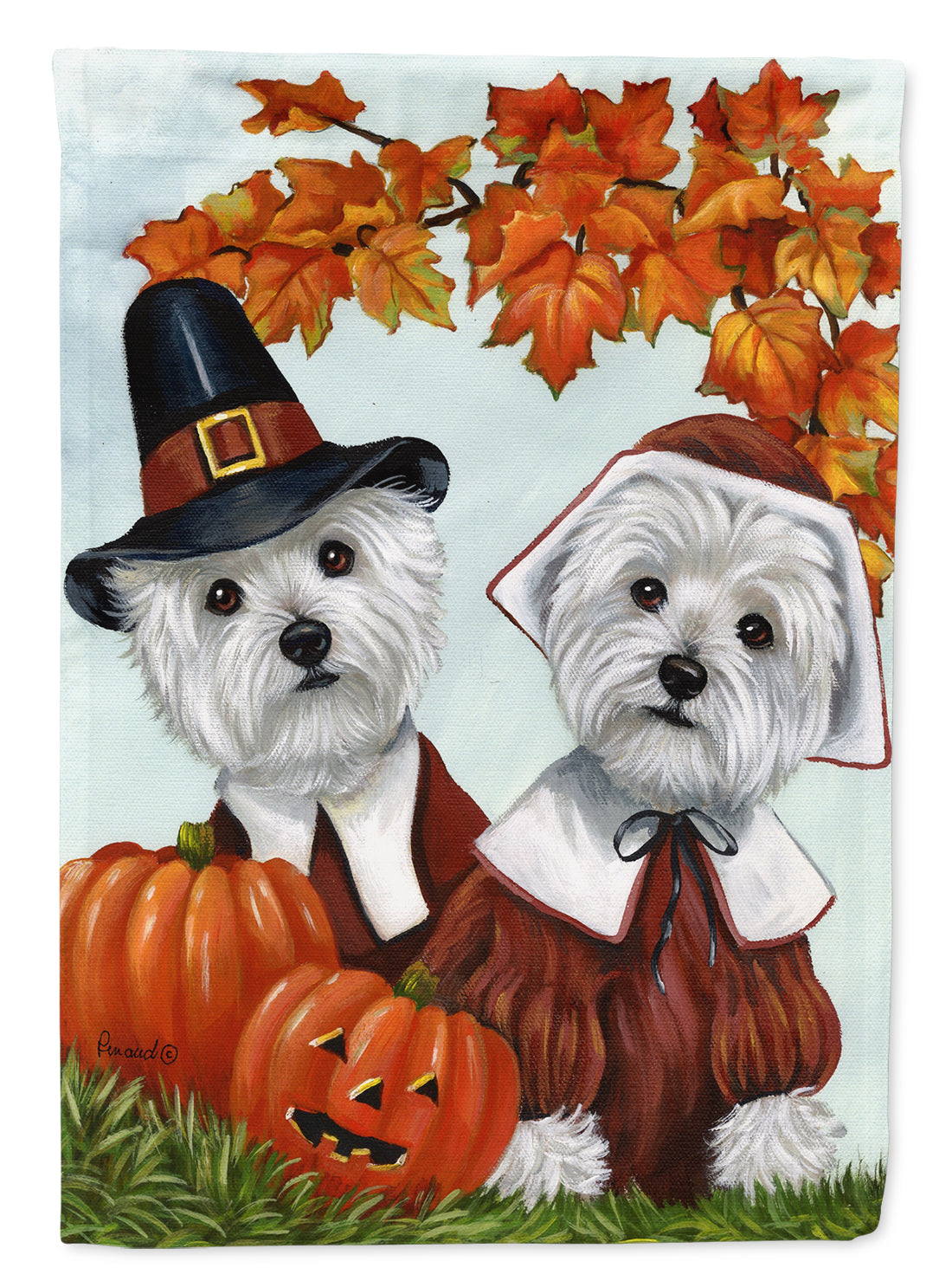 Westie Thanksgiving Pilgrims House Flag 28x40 Porch Sleeve Pole Decorative Outside Yard Banner Artwork Wall Hanging, Polyester