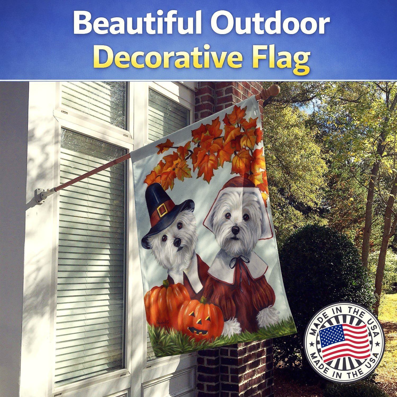 Westie Thanksgiving Pilgrims House Flag 28x40 Porch Sleeve Pole Decorative Outside Yard Banner Artwork Wall Hanging, Polyester