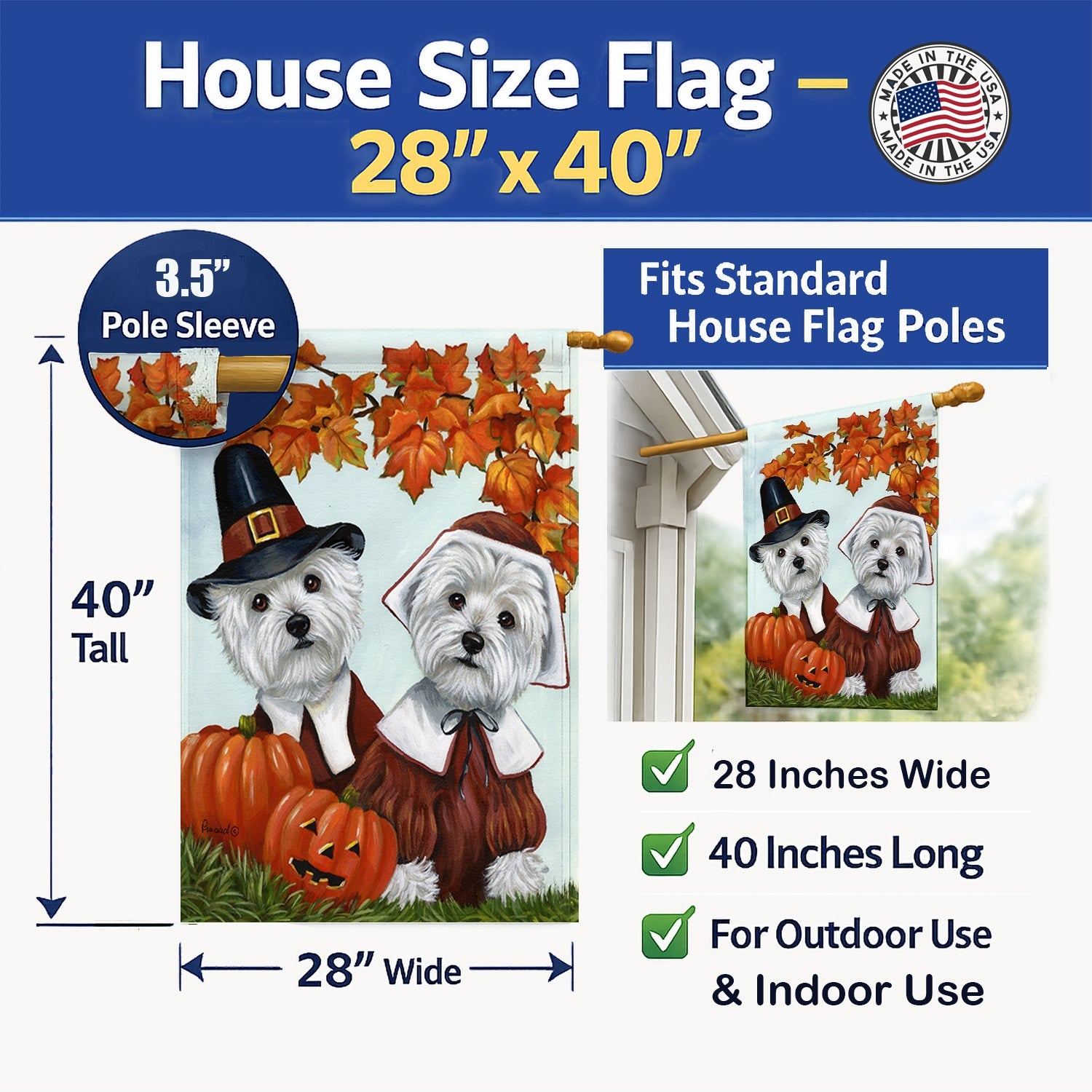 Westie Thanksgiving Pilgrims House Flag 28x40 Porch Sleeve Pole Decorative Outside Yard Banner Artwork Wall Hanging, Polyester