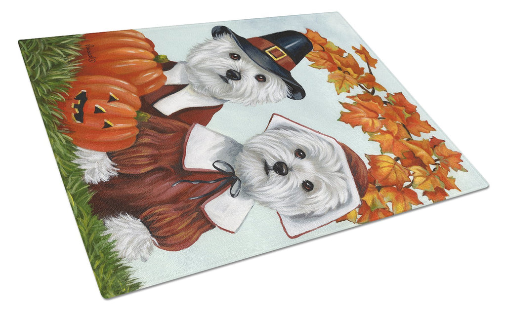 Westie Thanksgiving Pilgrims Cutting Board Tempered Glass Kitchen Cutting Surface, Heat Resistant Chopping, Non-Slip Feet, Food Prep & Serving