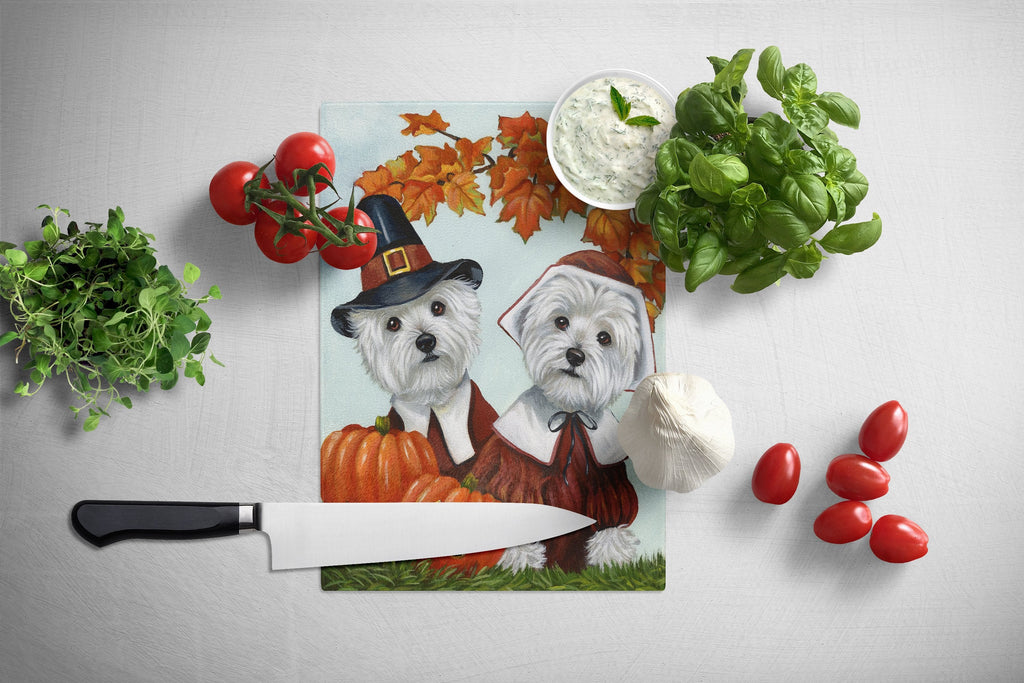 Westie Thanksgiving Pilgrims Cutting Board Tempered Glass Kitchen Cutting Surface, Heat Resistant Chopping, Non-Slip Feet, Food Prep & Serving