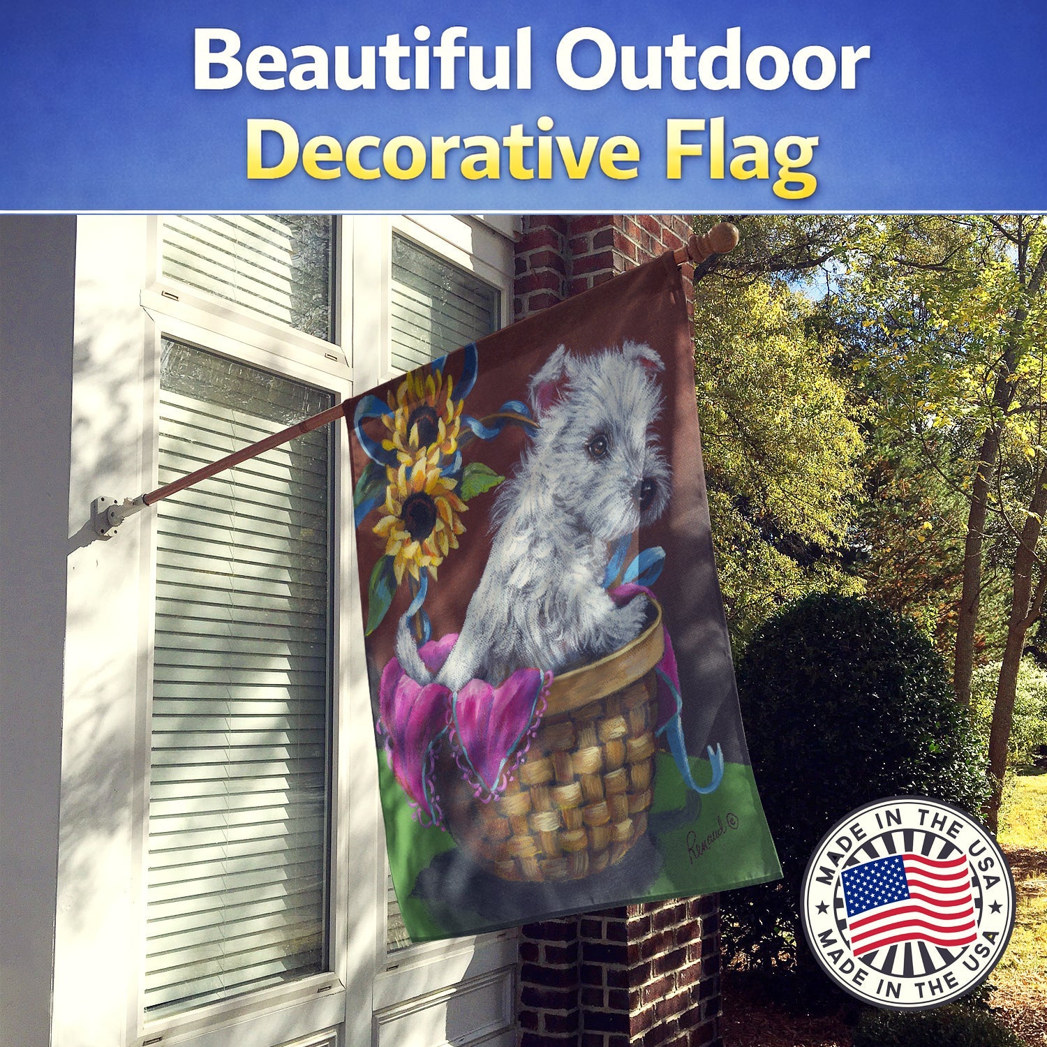 Westie Zoe and Sunflowers House Flag 28x40 Porch Sleeve Pole Decorative Outside Yard Banner Artwork Wall Hanging, Polyester