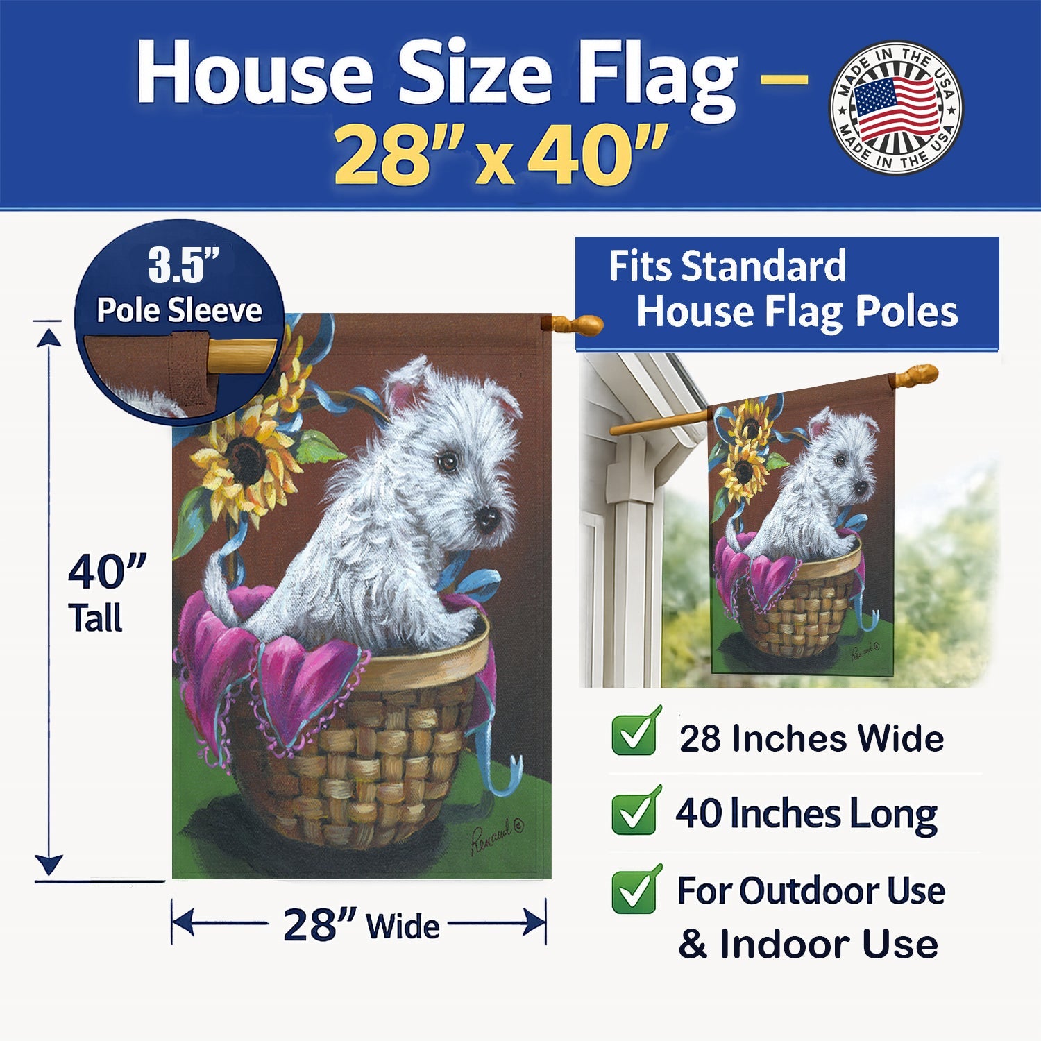 Westie Zoe and Sunflowers House Flag 28x40 Porch Sleeve Pole Decorative Outside Yard Banner Artwork Wall Hanging, Polyester