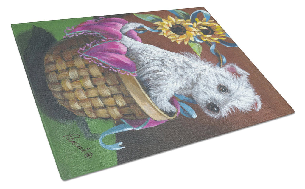 Westie Zoe and Sunflowers Cutting Board Tempered Glass Kitchen Cutting Surface, Heat Resistant Chopping, Non-Slip Feet, Food Prep & Serving