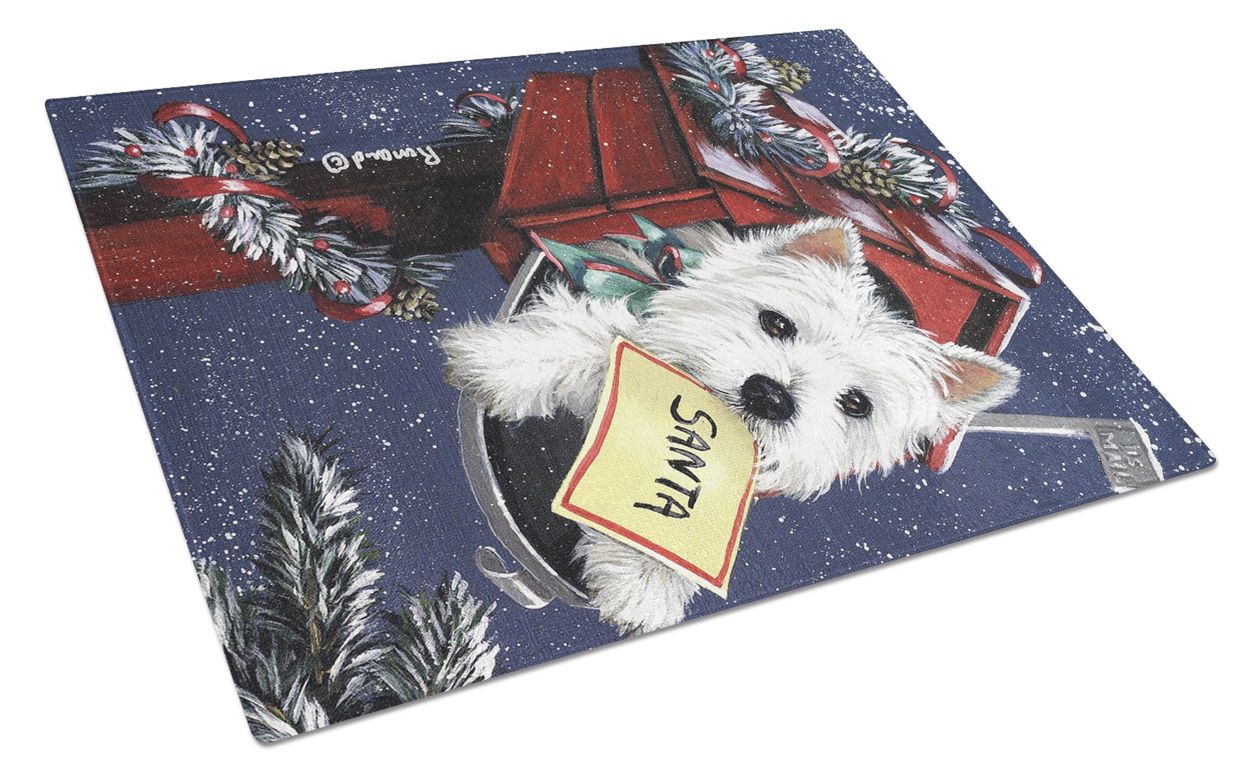 Westie Zoe's Christmas List Cutting Board Tempered Glass Kitchen Cutting Surface, Heat Resistant Chopping, Non-Slip Feet, Food Prep & Serving