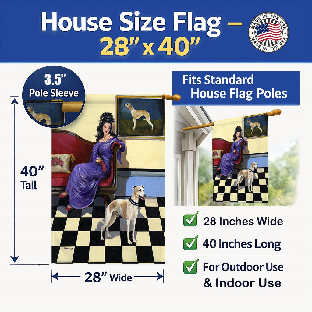 Whippet Elegance and Grace House Flag 28x40 Porch Sleeve Pole Decorative Outside Yard Banner Artwork Wall Hanging, Polyester