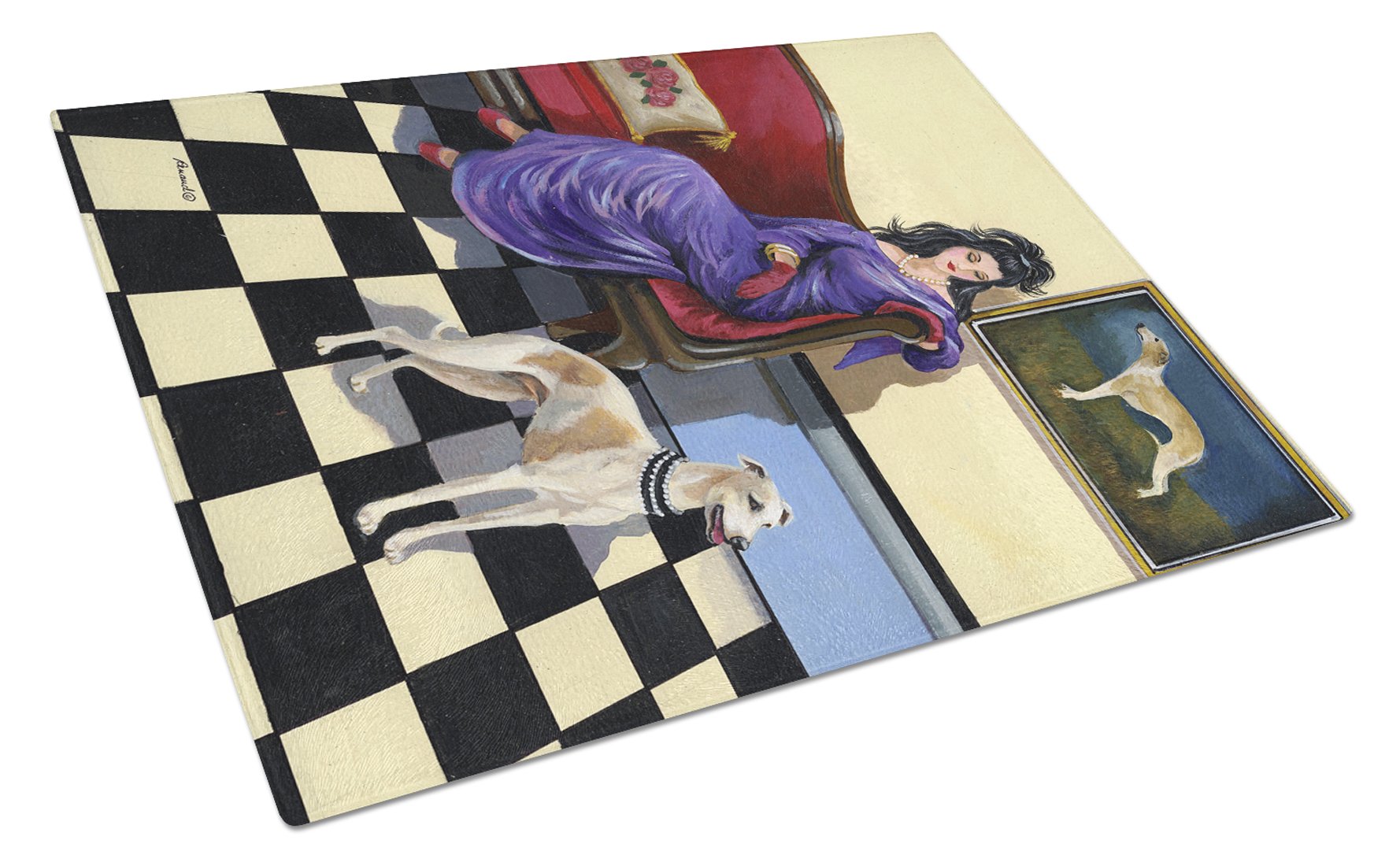 Whippet Elegance and Grace Cutting Board Tempered Glass Kitchen Cutting Surface, Heat Resistant Chopping, Non-Slip Feet, Food Prep & Serving