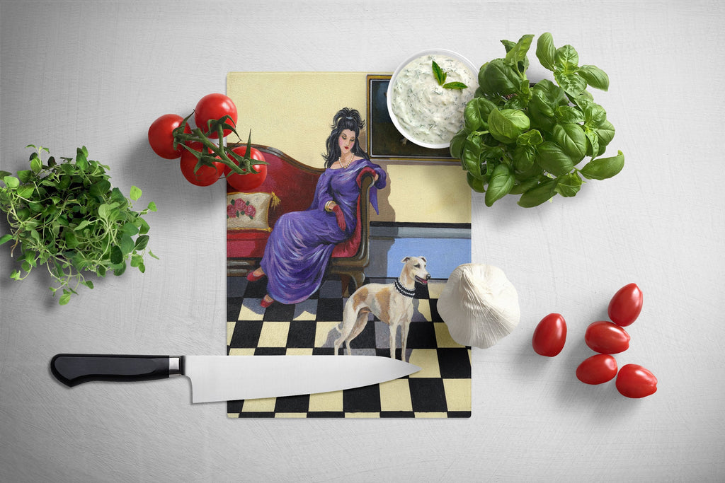 Whippet Elegance and Grace Cutting Board Tempered Glass Kitchen Cutting Surface, Heat Resistant Chopping, Non-Slip Feet, Food Prep & Serving