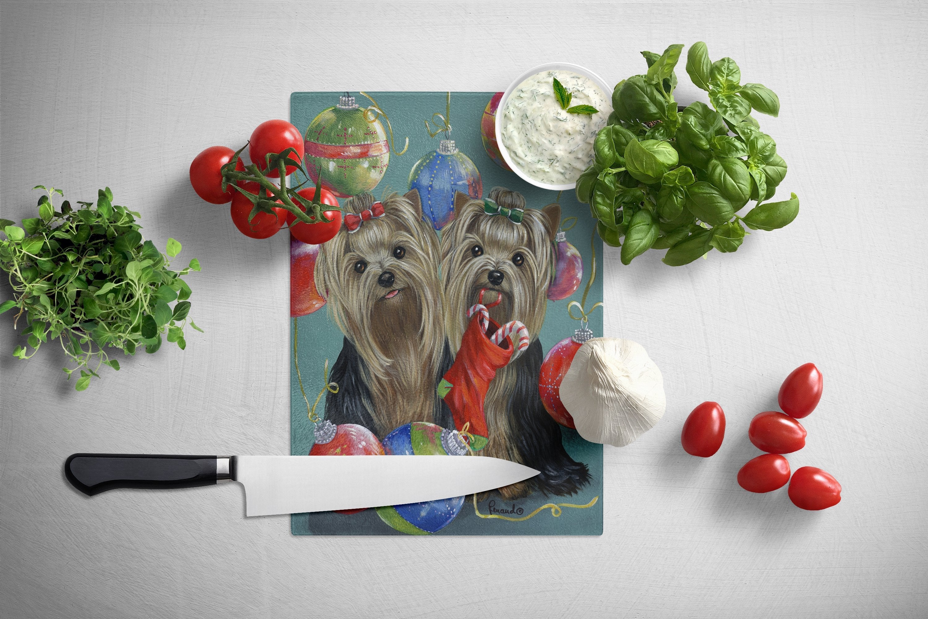 Yorkie Christmas All that Glitters Cutting Board Tempered Glass Kitchen Cutting Surface, Heat Resistant Chopping, Non-Slip Feet, Food Prep & Serving