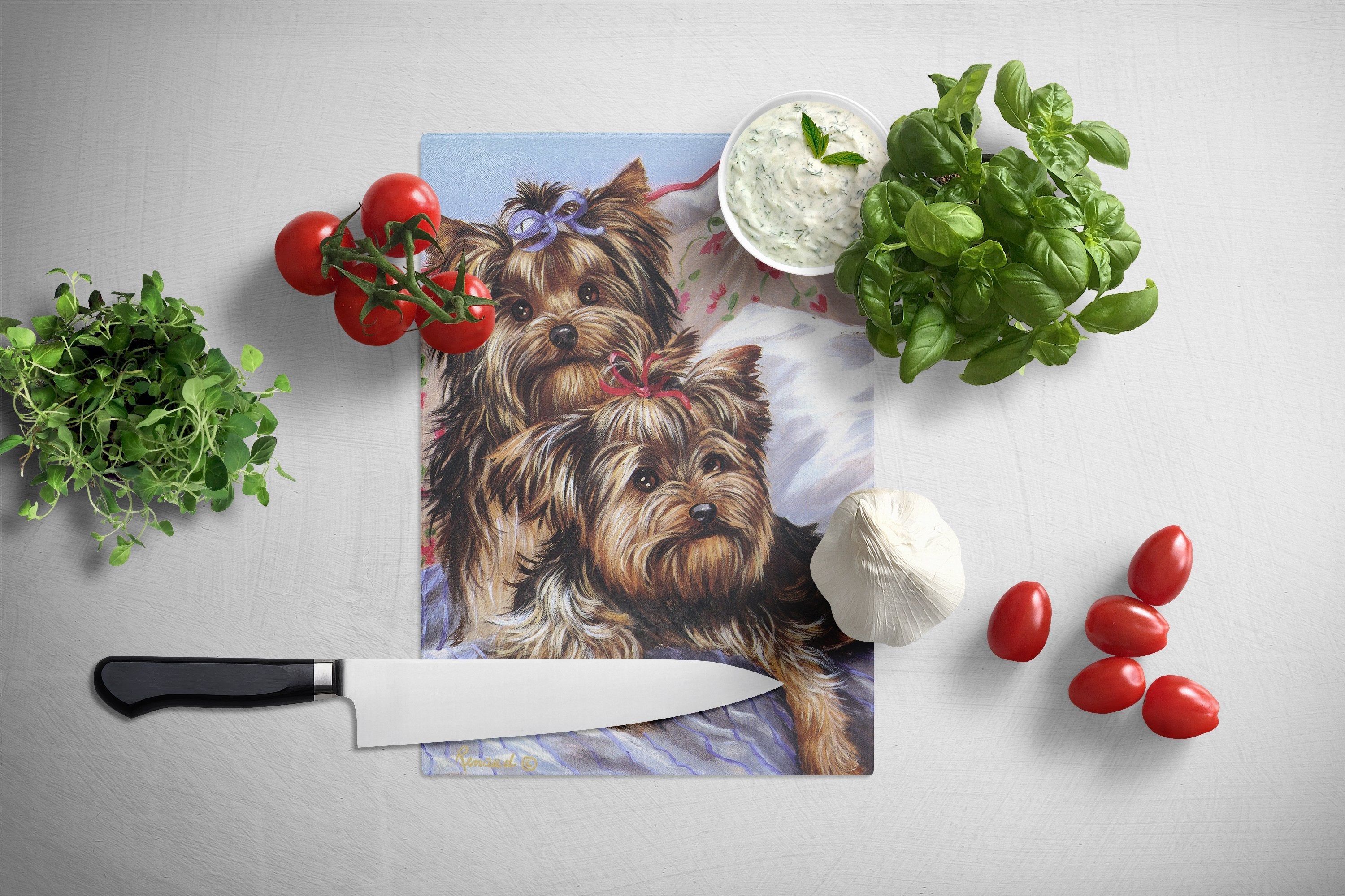 Yorkie Bed Bugs Cutting Board Tempered Glass Kitchen Cutting Surface, Heat Resistant Chopping, Non-Slip Feet, Food Prep & Serving