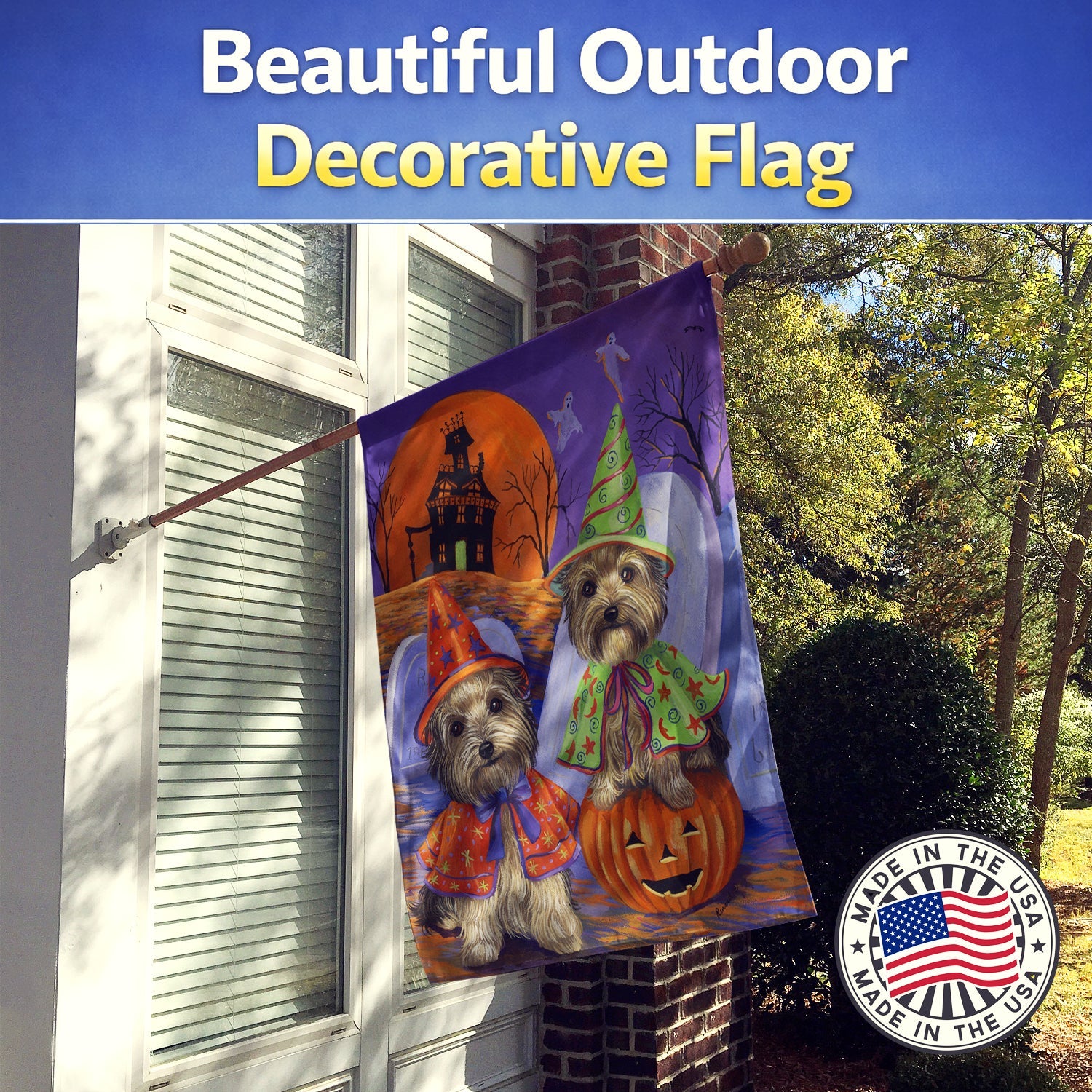 Yorkie Halloween Haunted House House Flag 28x40 Porch Sleeve Pole Decorative Outside Yard Banner Artwork Wall Hanging, Polyester