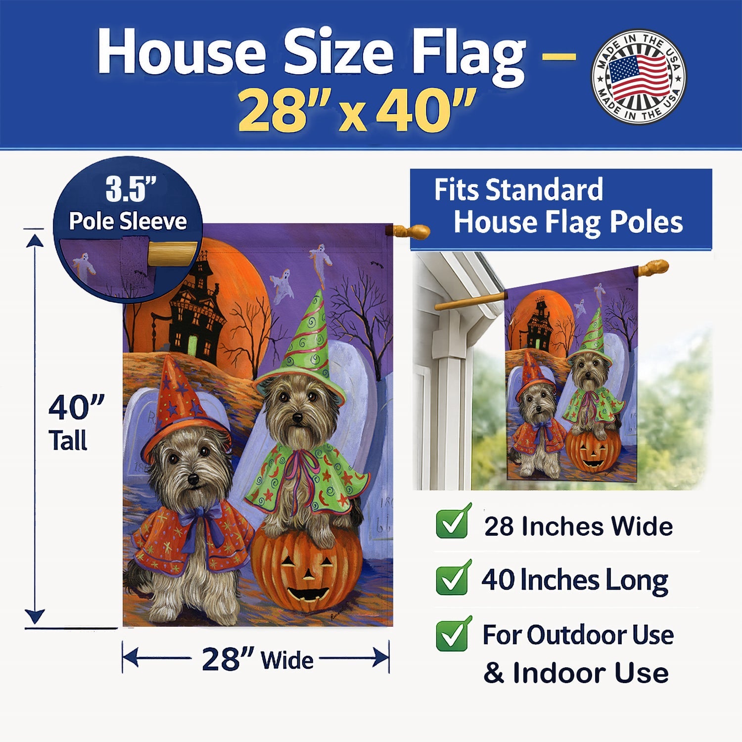 Yorkie Halloween Haunted House House Flag 28x40 Porch Sleeve Pole Decorative Outside Yard Banner Artwork Wall Hanging, Polyester