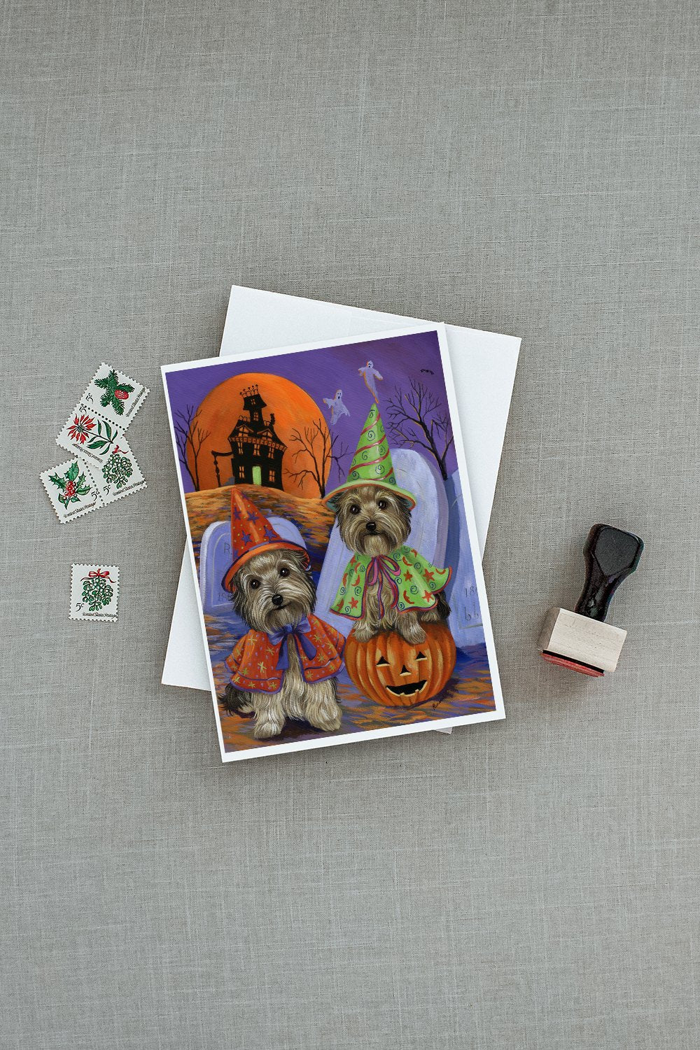 Yorkie Halloween Haunted House Greeting Cards Pack of 8 Blank Cards with Envelopes Whimsical A7 Size 5x7