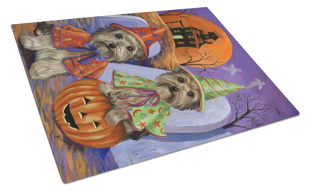 Yorkie Halloween Haunted House Cutting Board Tempered Glass Kitchen Cutting Surface, Heat Resistant Chopping, Non-Slip Feet, Food Prep & Serving
