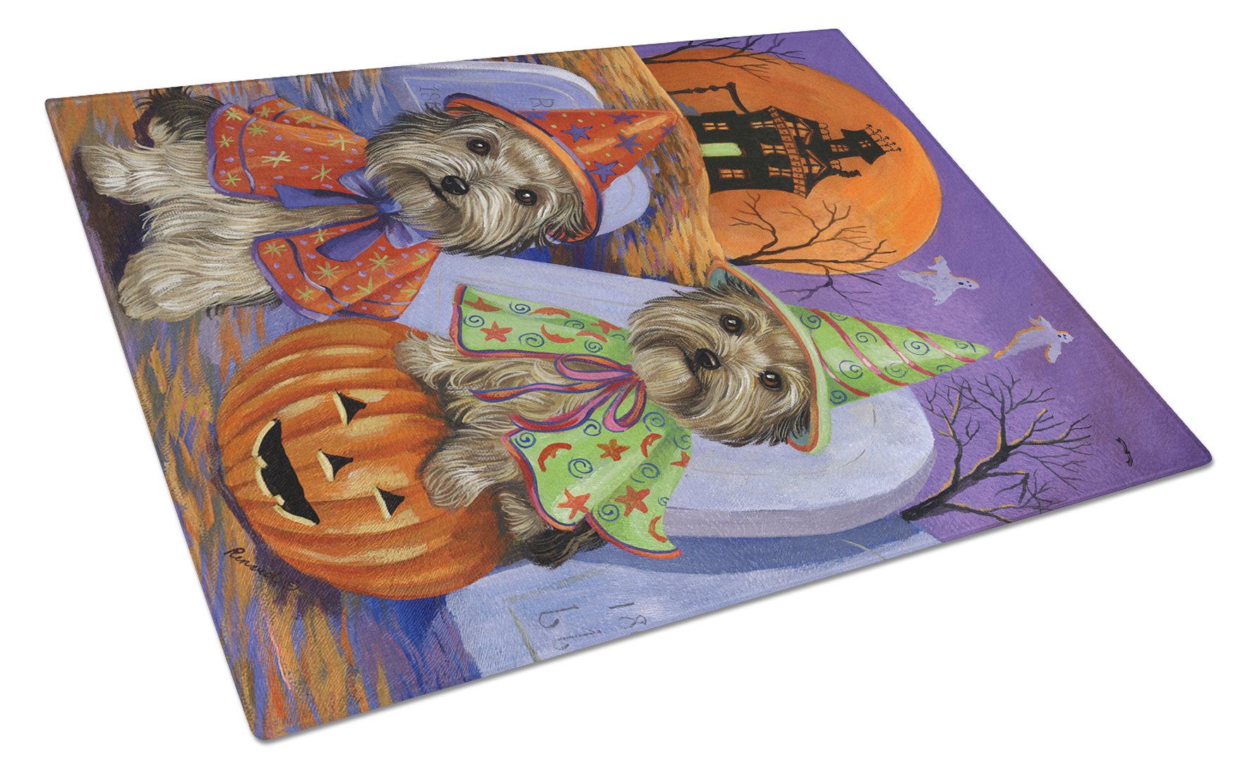 Yorkie Halloween Haunted House Cutting Board Tempered Glass Kitchen Cutting Surface, Heat Resistant Chopping, Non-Slip Feet, Food Prep & Serving