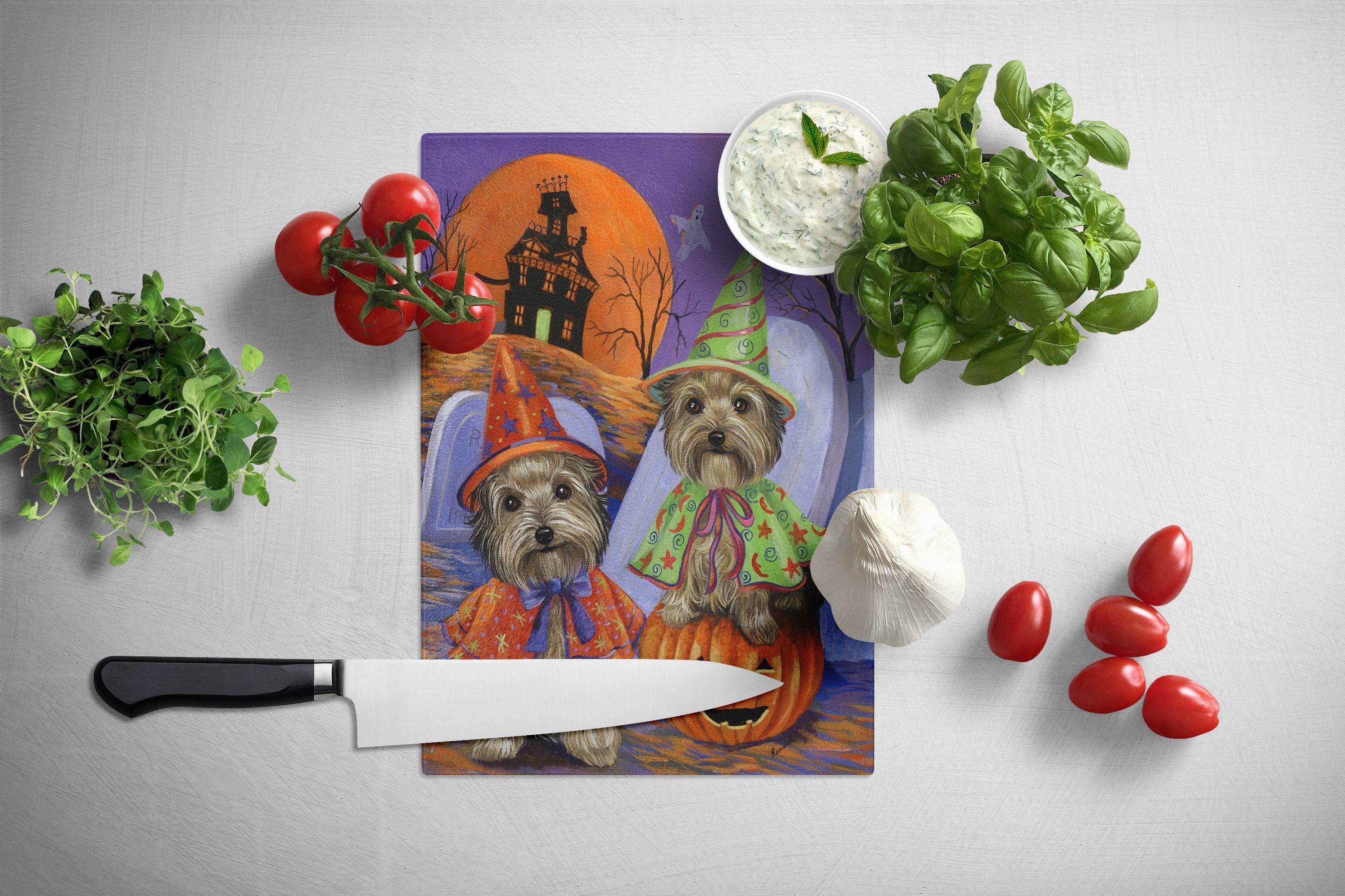 Yorkie Halloween Haunted House Cutting Board Tempered Glass Kitchen Cutting Surface, Heat Resistant Chopping, Non-Slip Feet, Food Prep & Serving