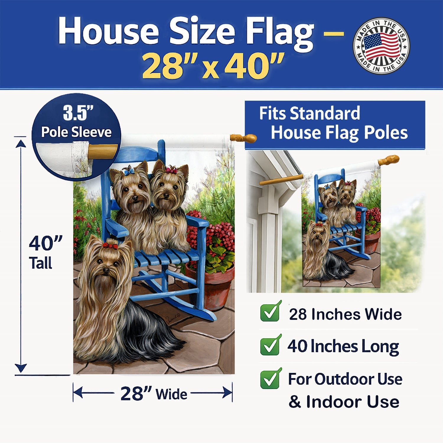 Yorkie Patio Sweethearts House Flag 28x40 Porch Sleeve Pole Decorative Outside Yard Banner Artwork Wall Hanging, Polyester