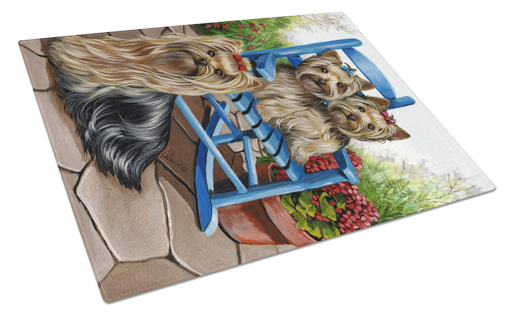 Yorkie Patio Sweethearts Cutting Board Tempered Glass Kitchen Cutting Surface, Heat Resistant Chopping, Non-Slip Feet, Food Prep & Serving