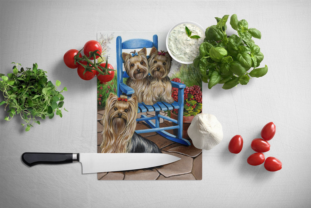 Yorkie Patio Sweethearts Cutting Board Tempered Glass Kitchen Cutting Surface, Heat Resistant Chopping, Non-Slip Feet, Food Prep & Serving