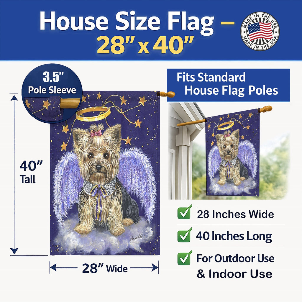 Yorkie Christmas Angel House Flag 28x40 Porch Sleeve Pole Decorative Outside Yard Banner Artwork Wall Hanging, Polyester