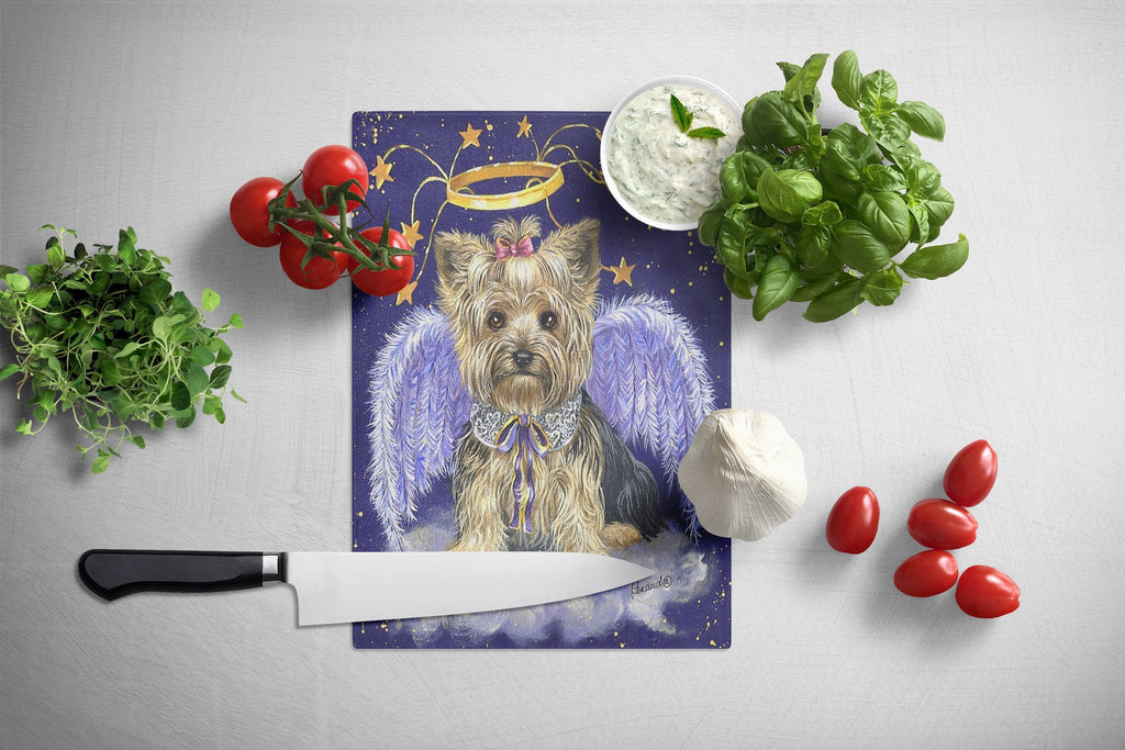 Yorkie Christmas Angel Cutting Board Tempered Glass Kitchen Cutting Surface, Heat Resistant Chopping, Non-Slip Feet, Food Prep & Serving