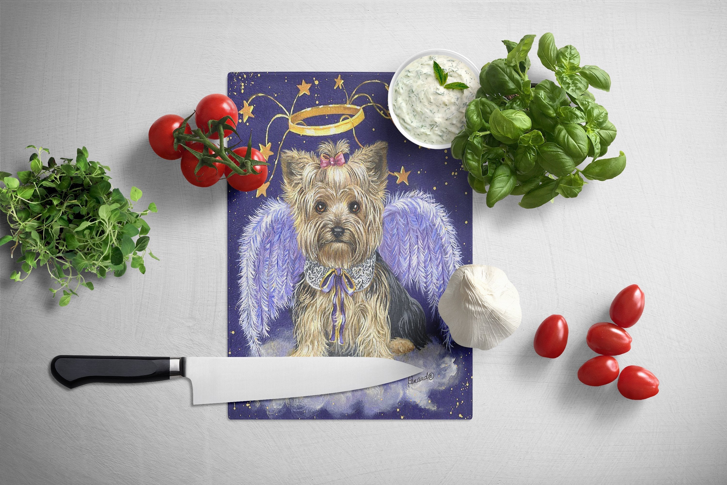 Yorkie Christmas Angel Cutting Board Tempered Glass Kitchen Cutting Surface, Heat Resistant Chopping, Non-Slip Feet, Food Prep & Serving