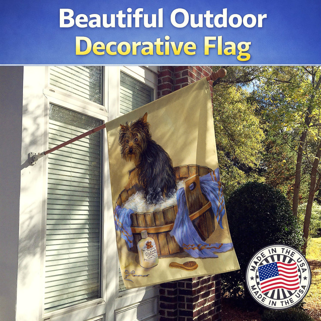 Yorkie Bath Time House Flag 28x40 Porch Sleeve Pole Decorative Outside Yard Banner Artwork Wall Hanging, Polyester