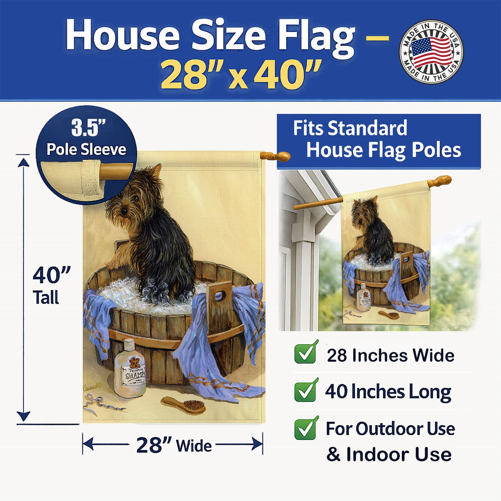 Yorkie Bath Time House Flag 28x40 Porch Sleeve Pole Decorative Outside Yard Banner Artwork Wall Hanging, Polyester