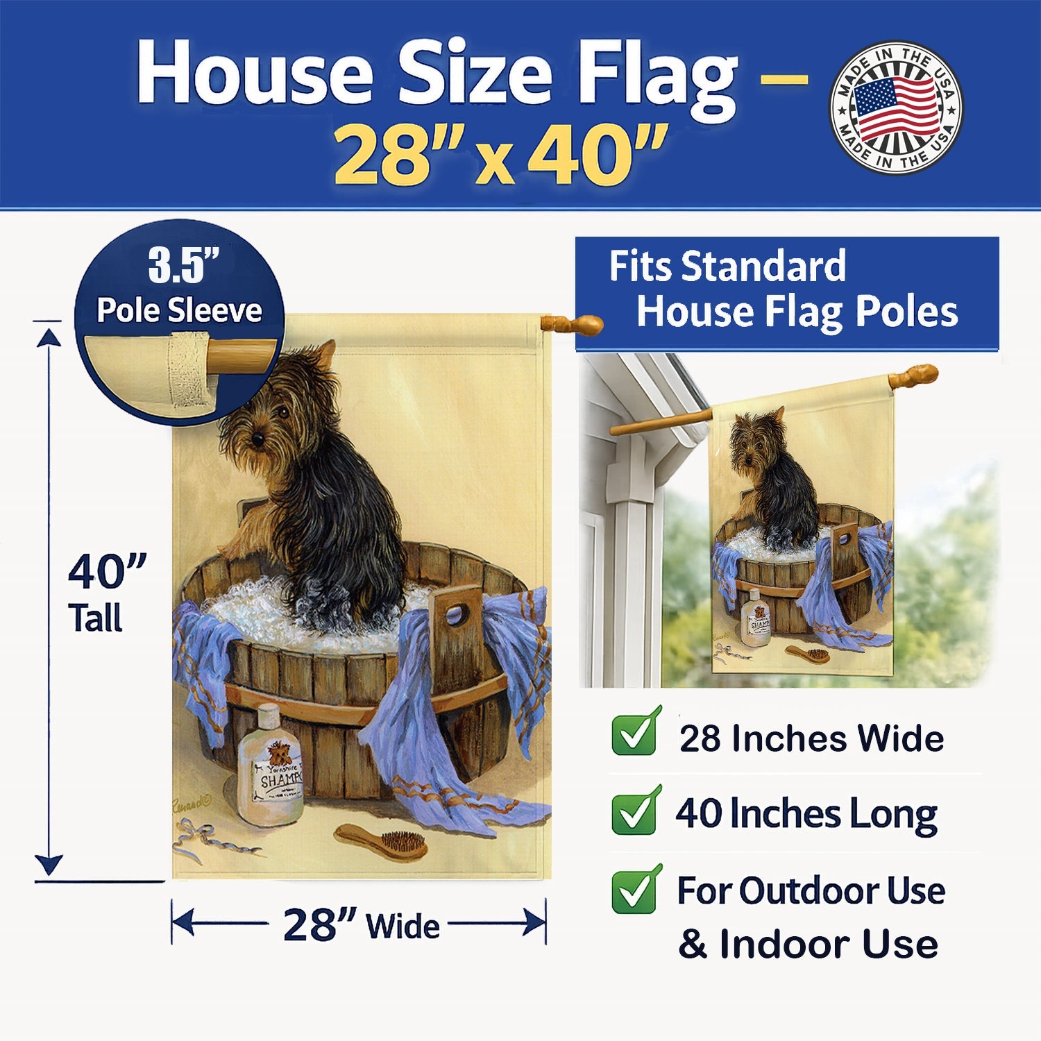 Yorkie Bath Time House Flag 28x40 Porch Sleeve Pole Decorative Outside Yard Banner Artwork Wall Hanging, Polyester