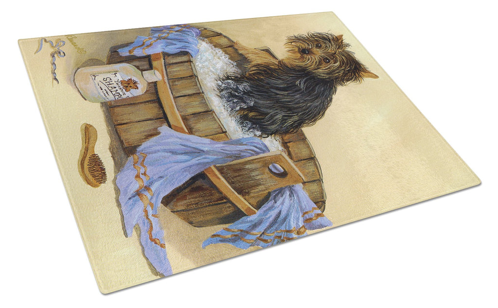 Yorkie Bath Time Cutting Board Tempered Glass Kitchen Cutting Surface, Heat Resistant Chopping, Non-Slip Feet, Food Prep & Serving
