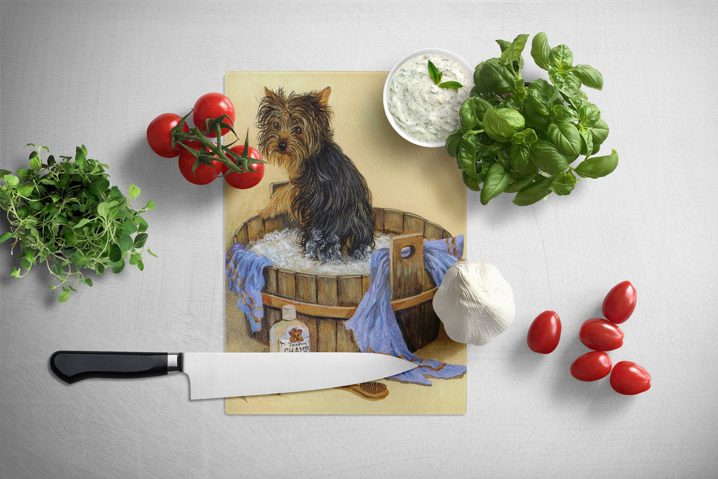 Yorkie Bath Time Cutting Board Tempered Glass Kitchen Cutting Surface, Heat Resistant Chopping, Non-Slip Feet, Food Prep & Serving