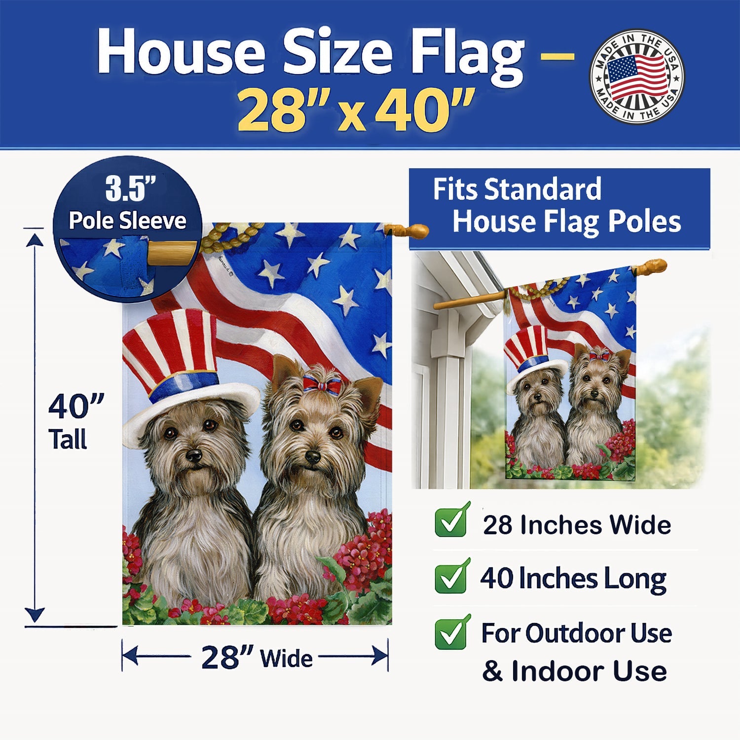 Yorkie USA House Flag 28x40 Porch Sleeve Pole Decorative Outside Yard Banner Artwork Wall Hanging, Polyester