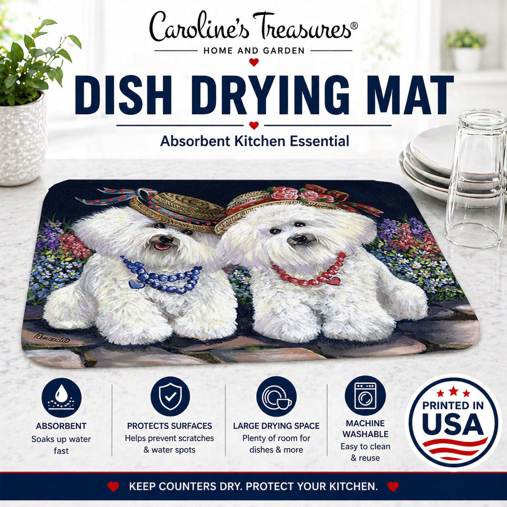 Bichon Frise Sisters Dish Drying Mat Absorbent Dish Drying Mat Pad for Kitchen Counter Dish Drainer Mat for Countertop, 14 x 21", Multicolor