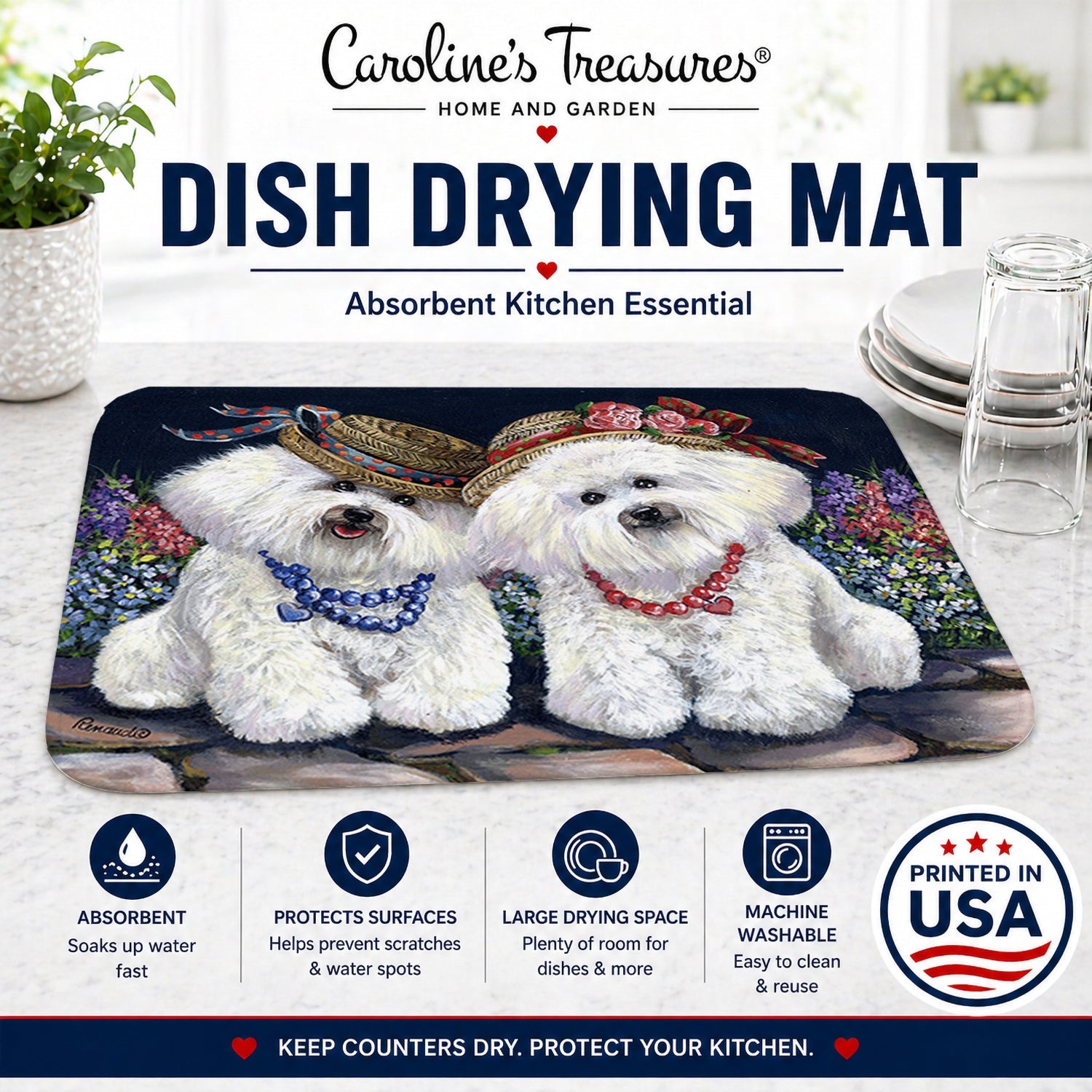 Bichon Frise Sisters Dish Drying Mat Absorbent Dish Drying Mat Pad for Kitchen Counter Dish Drainer Mat for Countertop, 14 x 21", Multicolor
