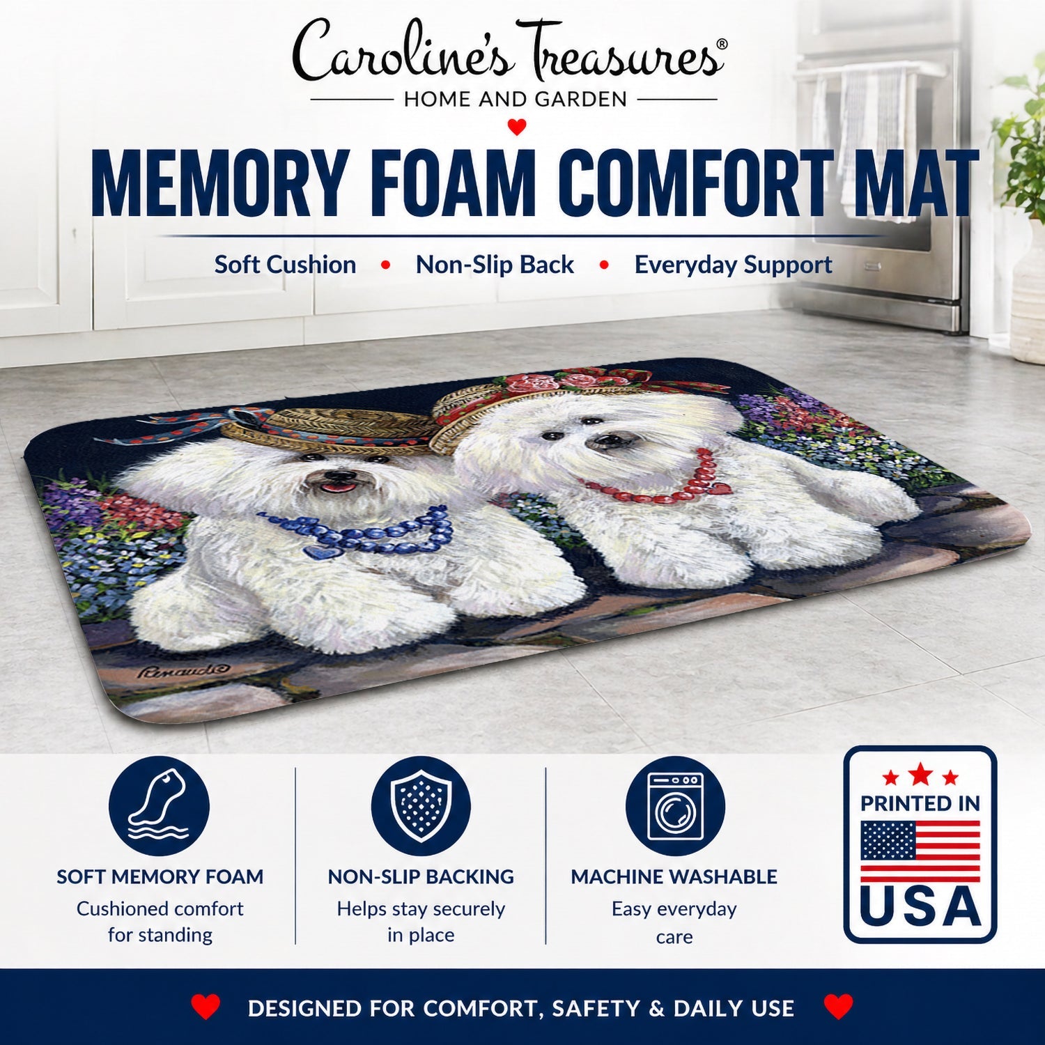Bichon Frise Sisters Memory Foam Kitchen Mat Machine Washable Anti-Fatigue Cushion Comfort Bath or Kitchen Rug