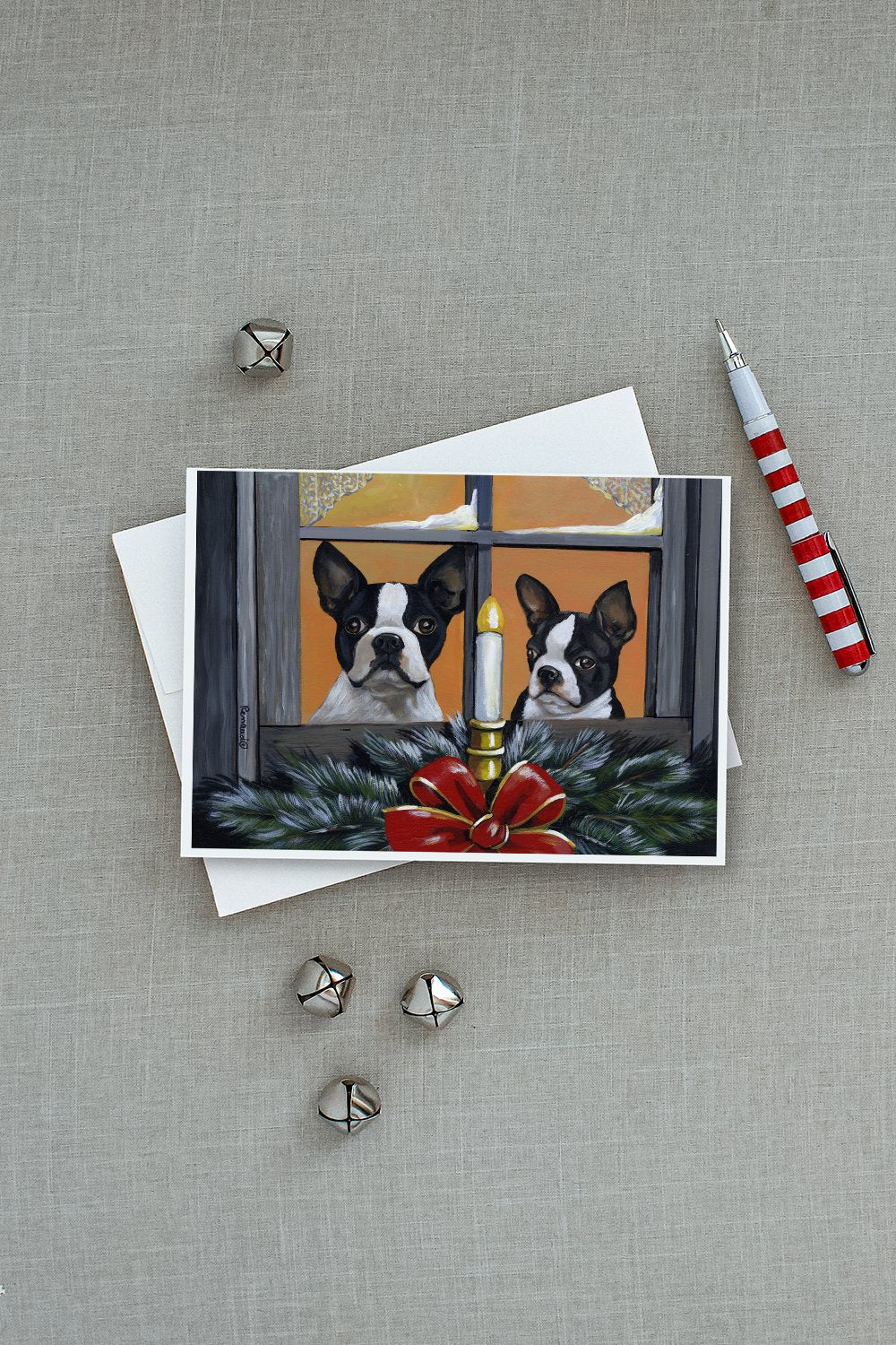 Boston Terrier Looking for Santa Christmas Greeting Cards Pack of 8 Blank Cards with Envelopes Whimsical A7 Size 5x7