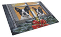 Boston Terrier Looking for Santa Christmas Cutting Board Tempered Glass Kitchen Cutting Surface, Heat Resistant Chopping, Non-Slip Feet, Food Prep & Serving