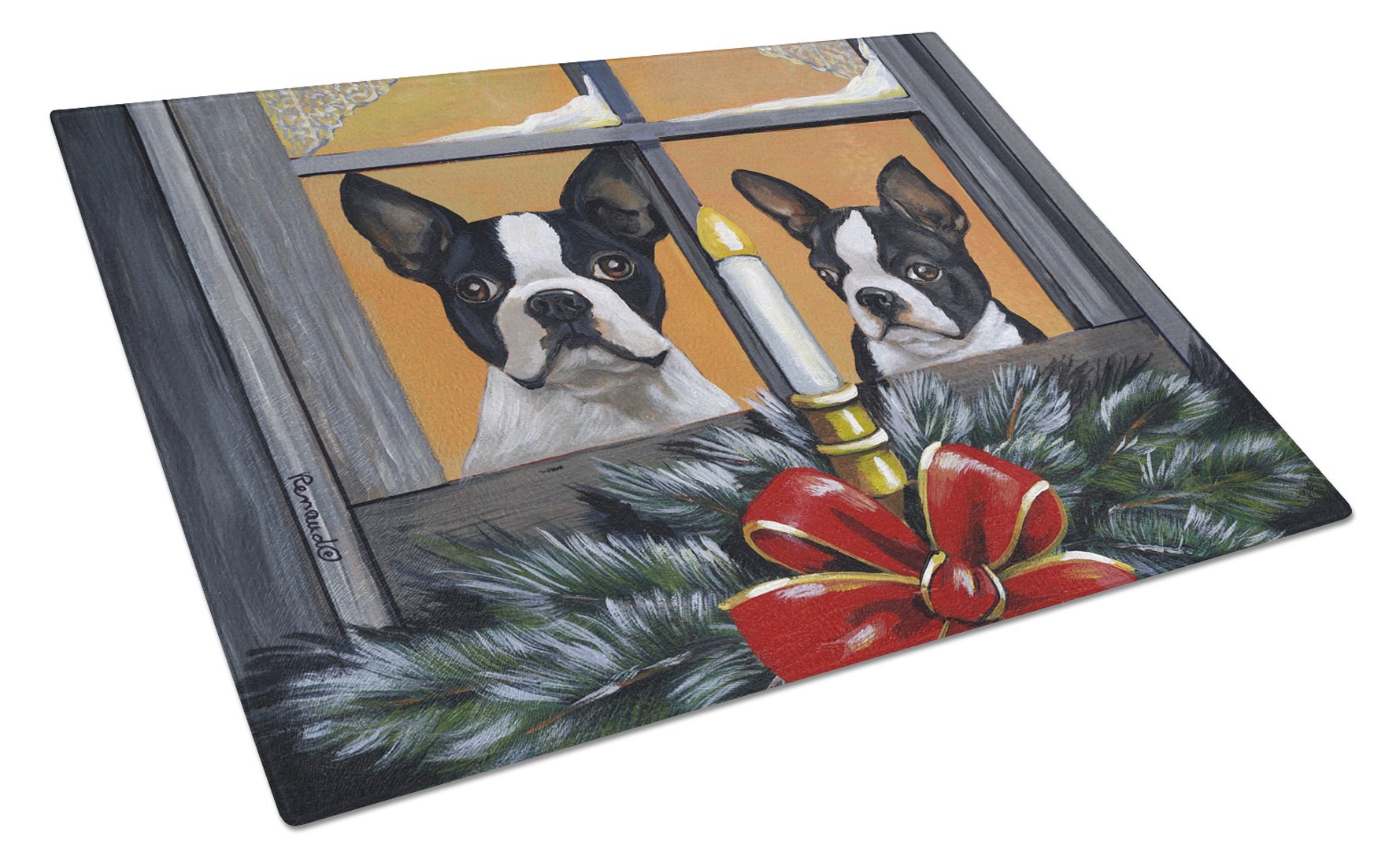 Boston Terrier Looking for Santa Christmas Cutting Board Tempered Glass Kitchen Cutting Surface, Heat Resistant Chopping, Non-Slip Feet, Food Prep & Serving