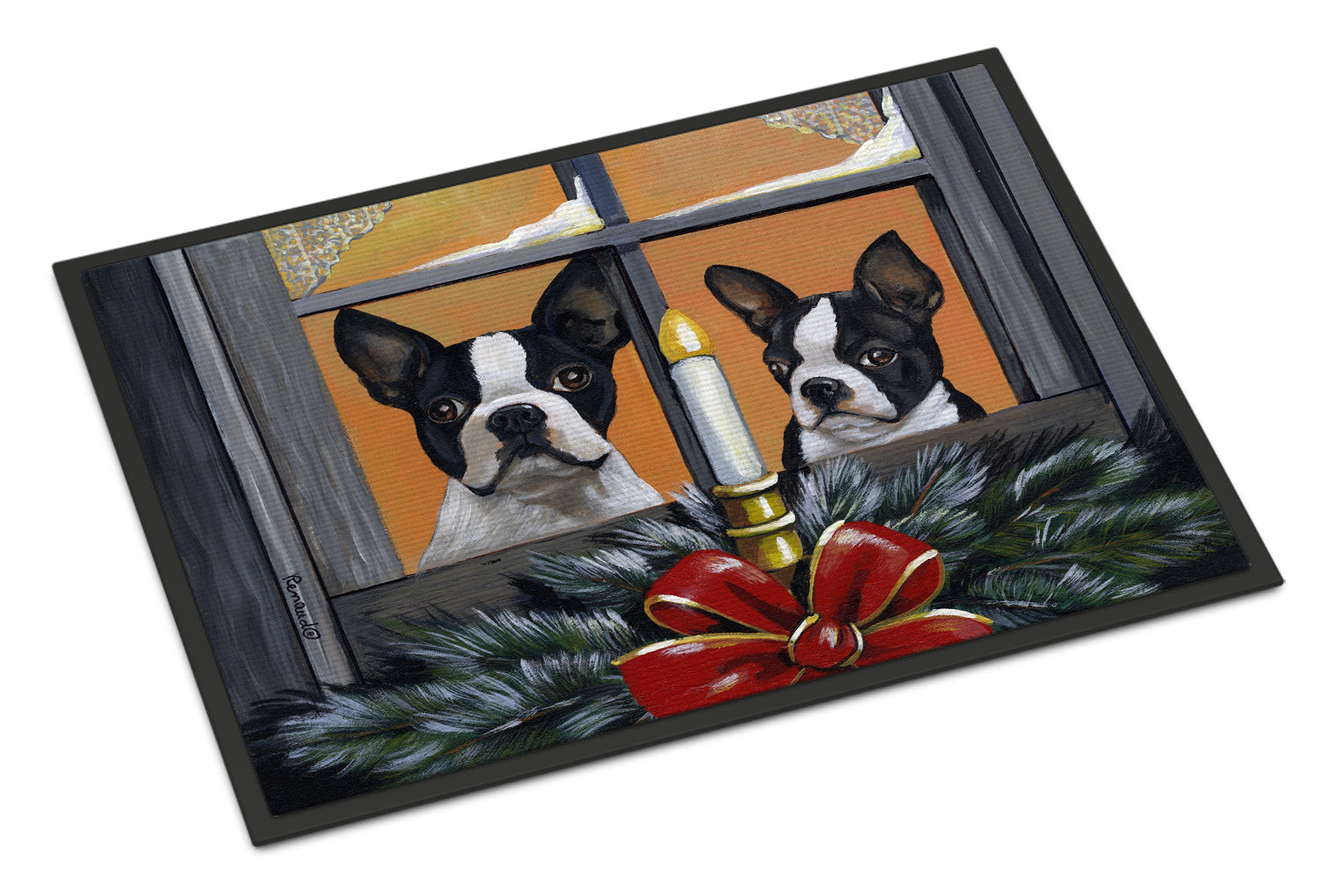 Boston Terrier Looking for Santa Christmas Doormat Indoor Outdoor 18H X 27W Front Door Mat Rugs for Entryway, Non Slip Washable