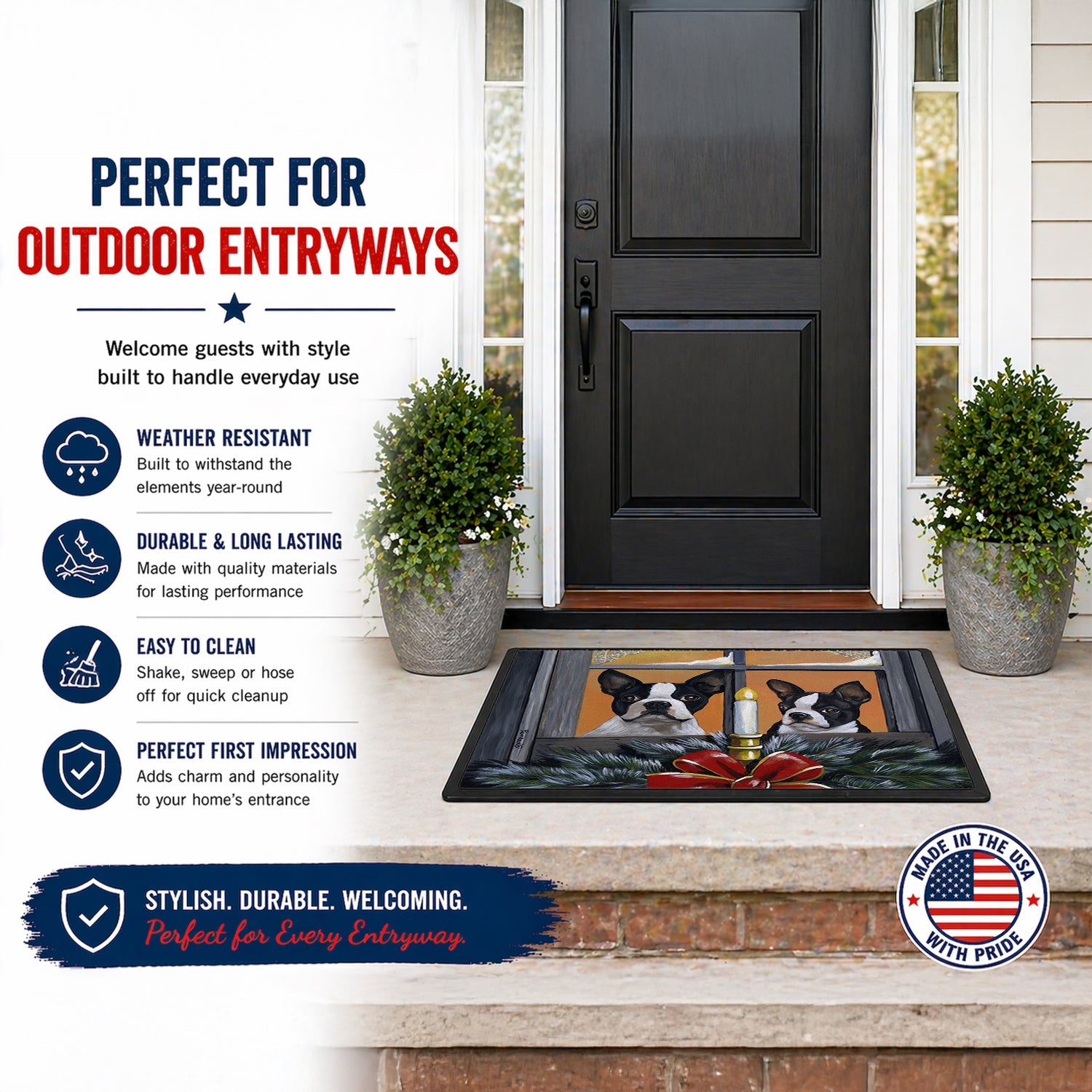 Boston Terrier Looking for Santa Christmas Doormat Indoor Outdoor 18H X 27W Front Door Mat Rugs for Entryway, Non Slip Washable