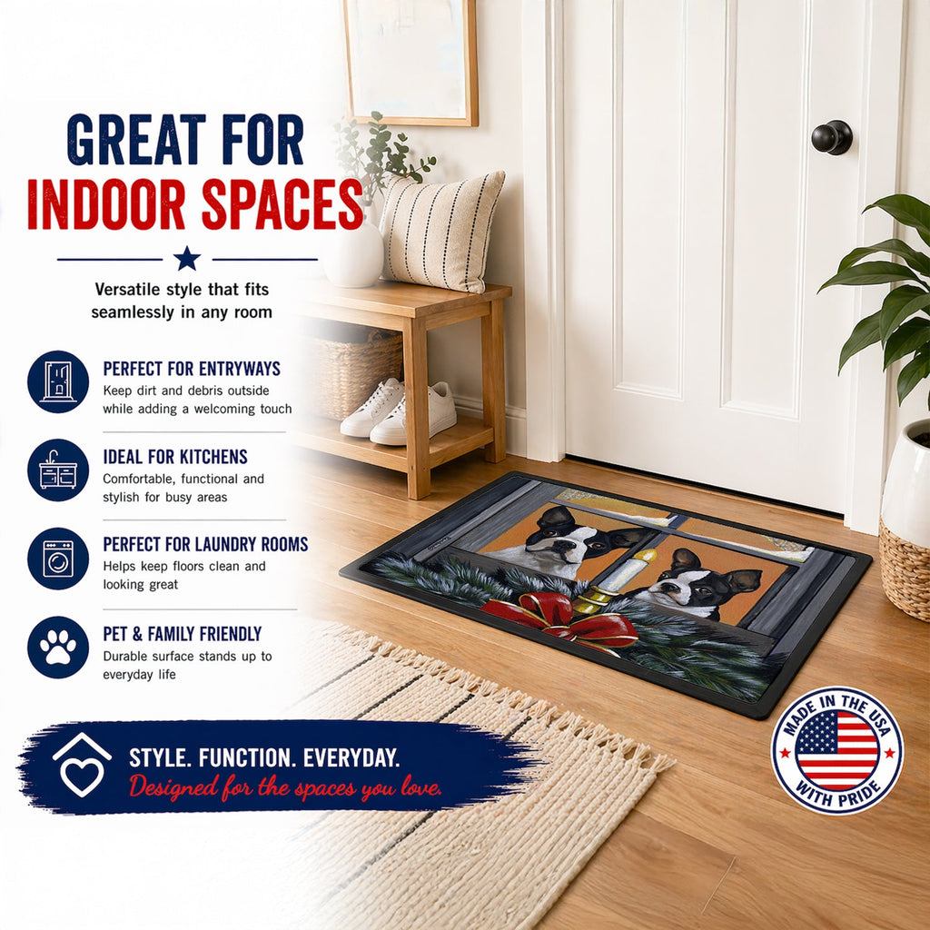 Boston Terrier Looking for Santa Christmas Doormat Indoor Outdoor 18H X 27W Front Door Mat Rugs for Entryway, Non Slip Washable