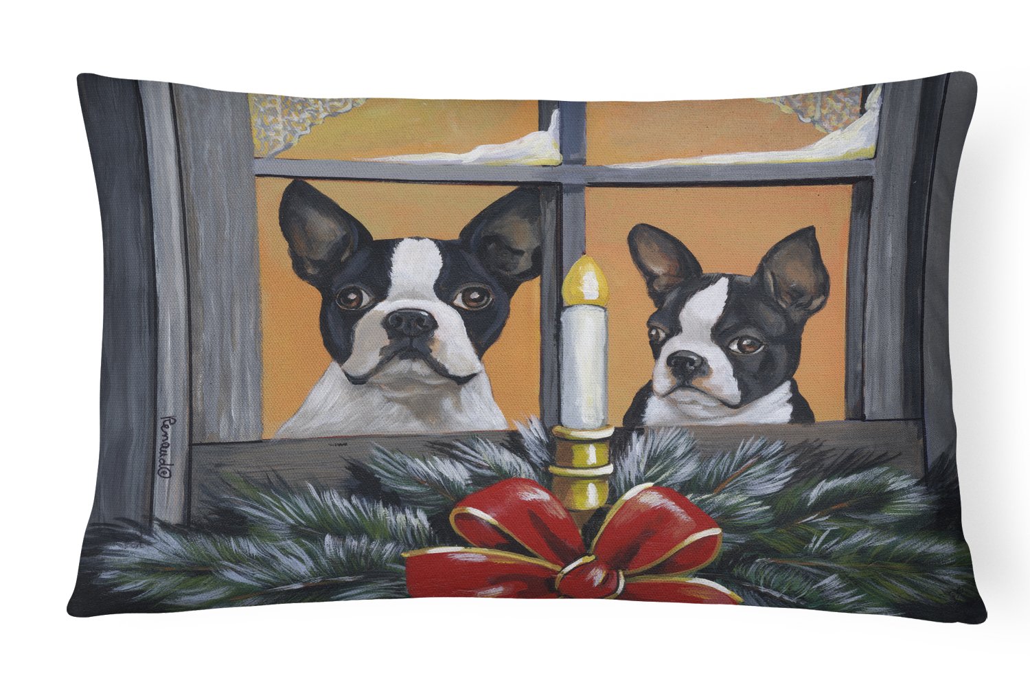 Boston Terrier Looking for Santa Christmas Decorative Throw Pillow 12x16 Indoor Outdoor Accent Cushion, Fabric Cover with Insert for Sofa, Bed, Porch & Living Room