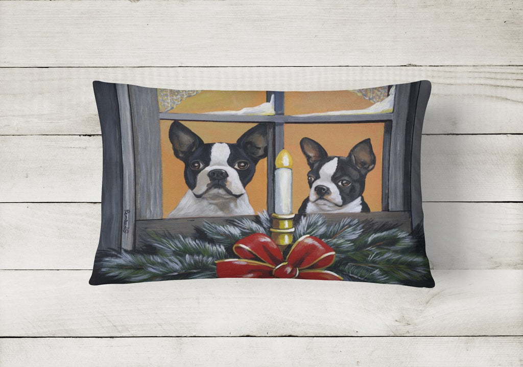 Boston Terrier Looking for Santa Christmas Decorative Throw Pillow 12x16 Indoor Outdoor Accent Cushion, Fabric Cover with Insert for Sofa, Bed, Porch & Living Room