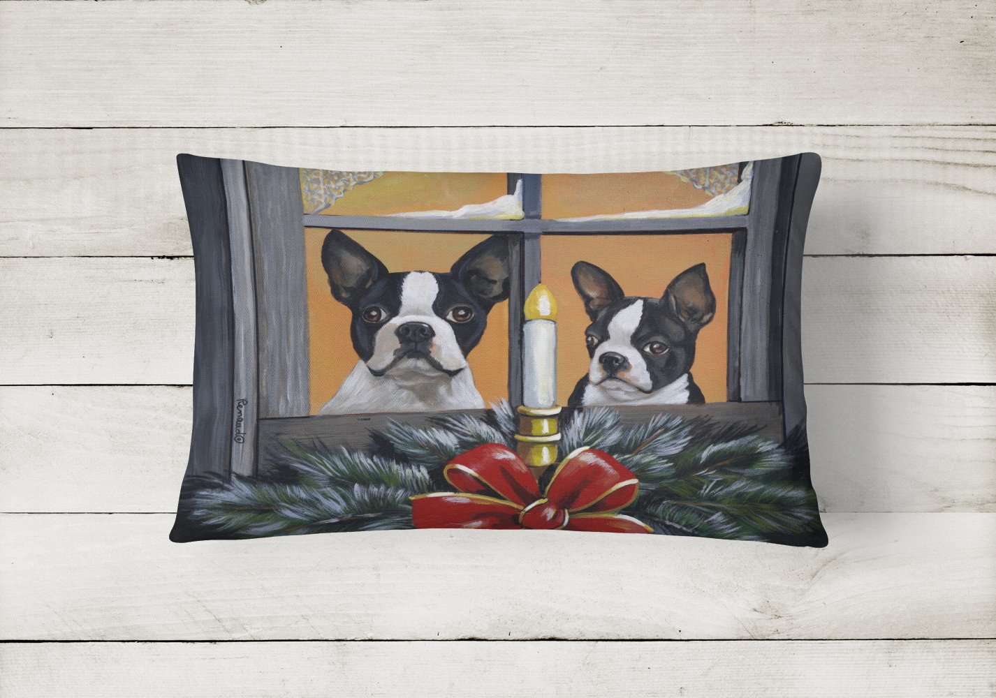 Boston Terrier Looking for Santa Christmas Decorative Throw Pillow 12x16 Indoor Outdoor Accent Cushion, Fabric Cover with Insert for Sofa, Bed, Porch & Living Room