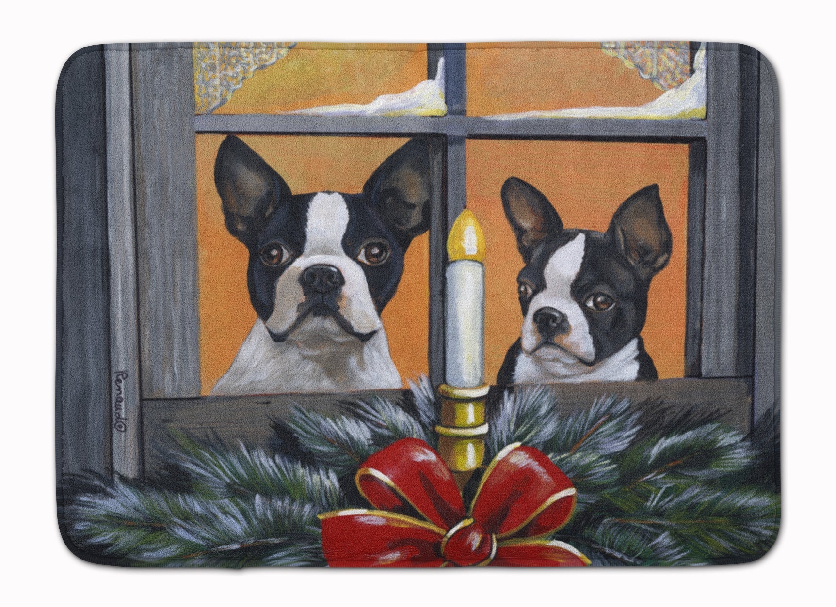 Boston Terrier Looking for Santa Christmas Memory Foam Kitchen Mat Machine Washable Anti-Fatigue Cushion Comfort Bath or Kitchen Rug