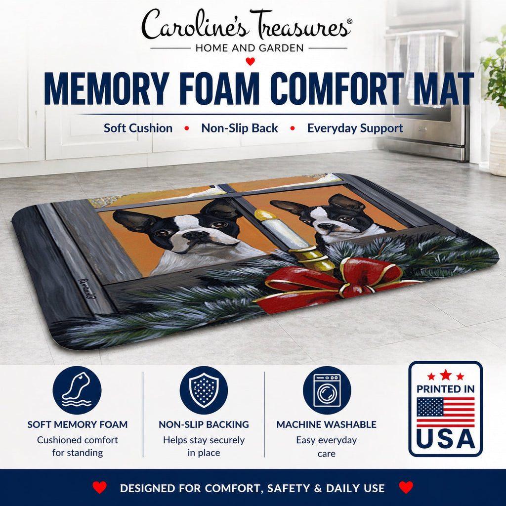 Boston Terrier Looking for Santa Christmas Memory Foam Kitchen Mat Machine Washable Anti-Fatigue Cushion Comfort Bath or Kitchen Rug
