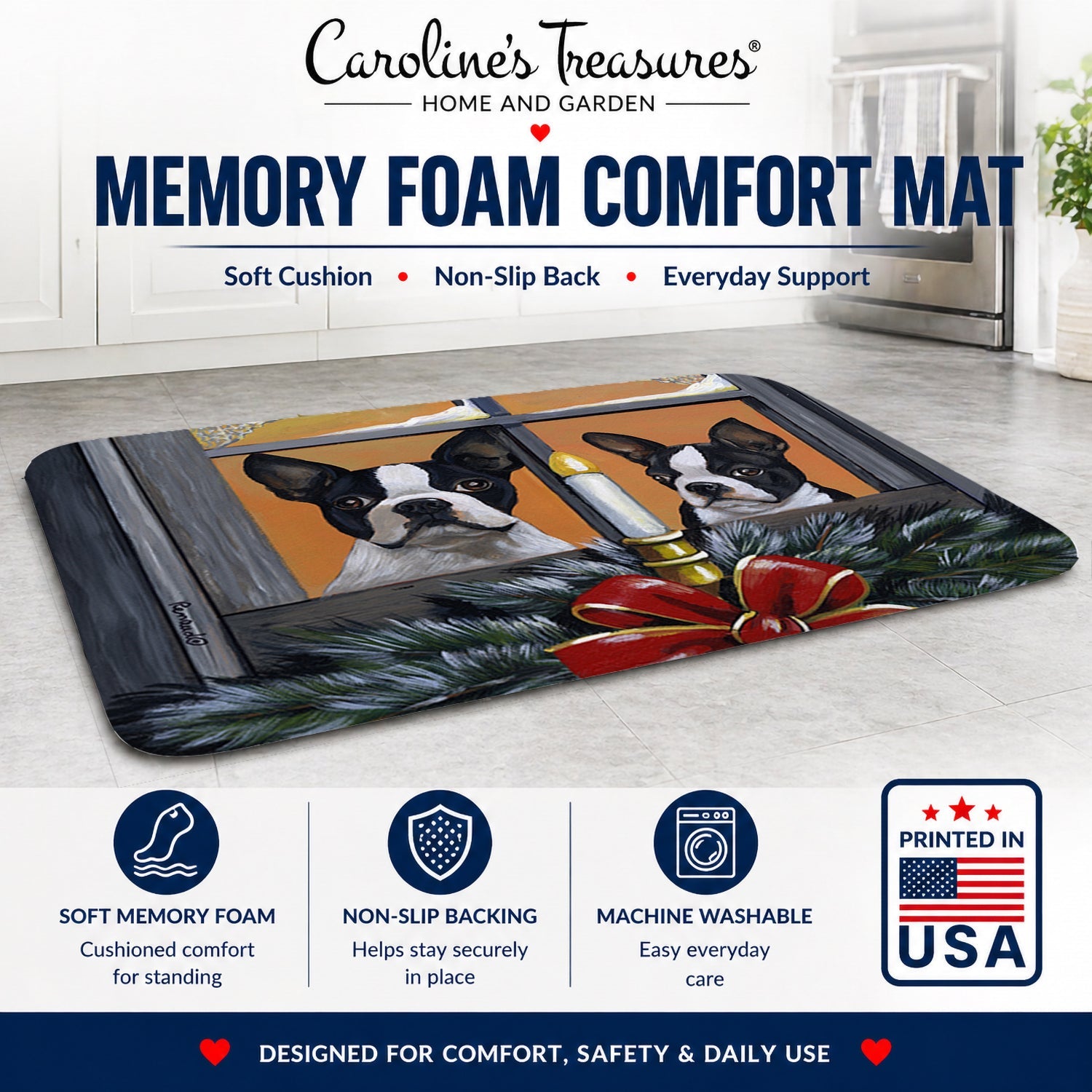Boston Terrier Looking for Santa Christmas Memory Foam Kitchen Mat Machine Washable Anti-Fatigue Cushion Comfort Bath or Kitchen Rug