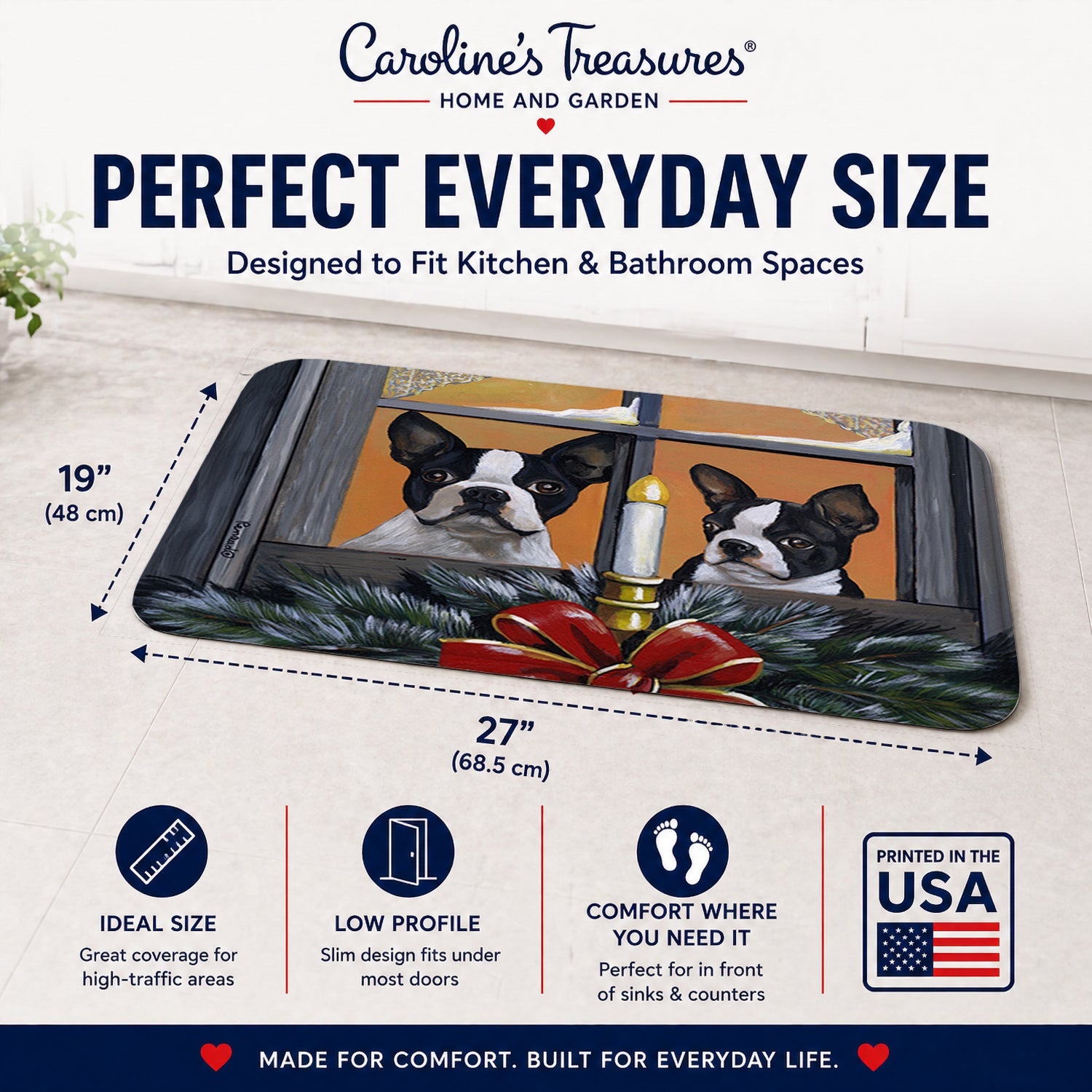 Boston Terrier Looking for Santa Christmas Memory Foam Kitchen Mat Machine Washable Anti-Fatigue Cushion Comfort Bath or Kitchen Rug